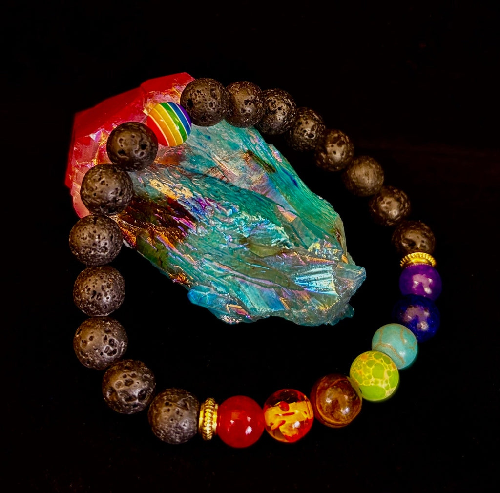 🌈 Faux Stone Chakra Bracelets with LGBTQ Pride Bead – White, Black, or Lava Rock | | Wiccan Center