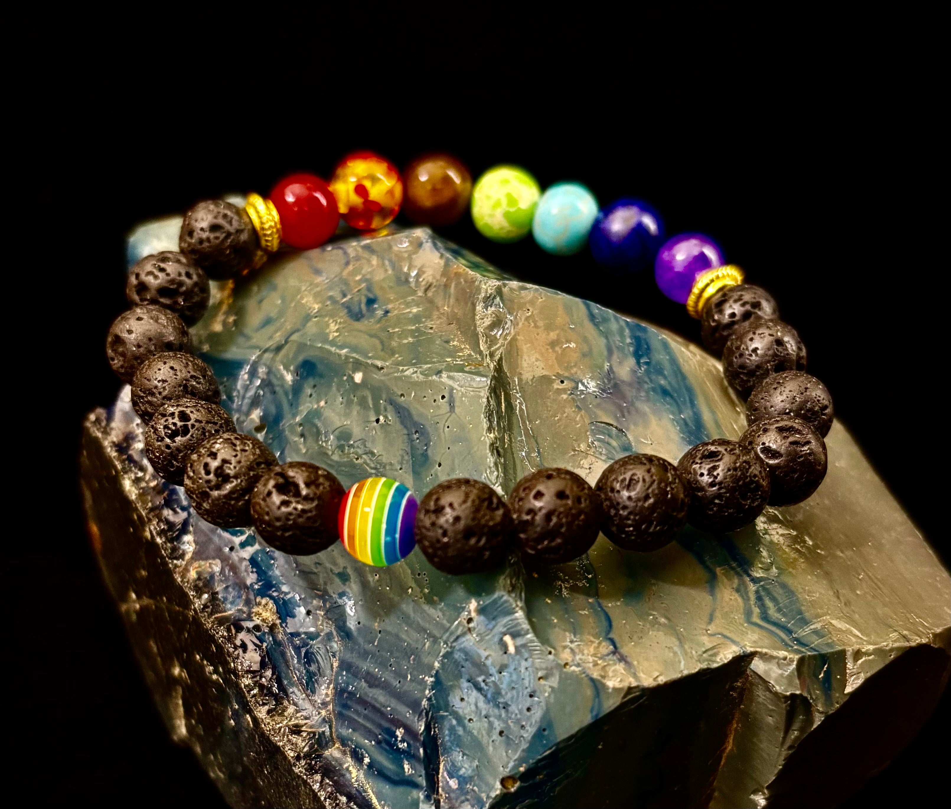 🌈 Faux Stone Chakra Bracelets with LGBTQ Pride Bead – White, Black, or Lava Rock | | Wiccan Center