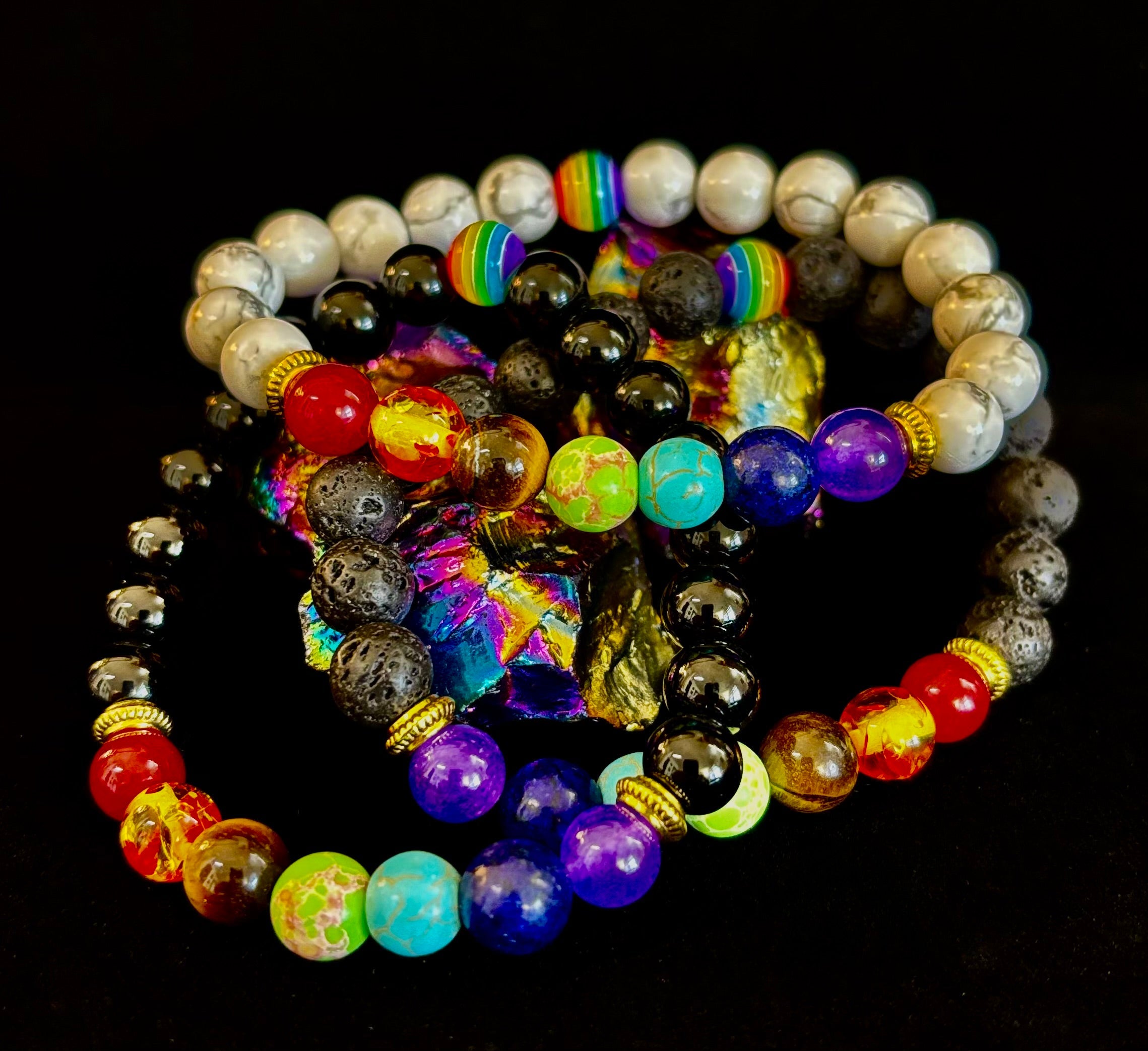 🌈 Faux Stone Chakra Bracelets with LGBTQ Pride Bead – White, Black, or Lava Rock | | Wiccan Center
