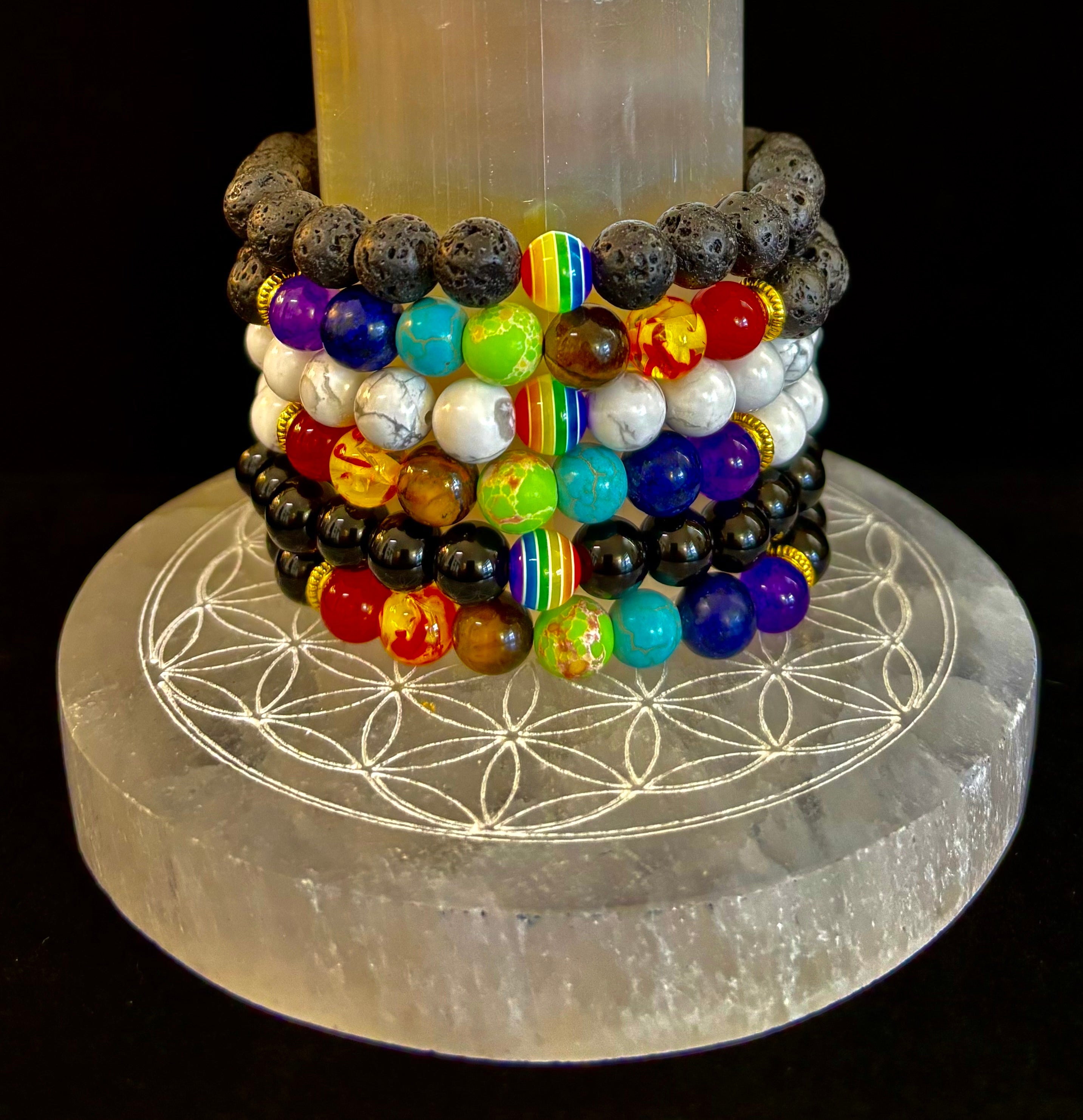 🌈 Faux Stone Chakra Bracelets with LGBTQ Pride Bead – White, Black, or Lava Rock | | Wiccan Center