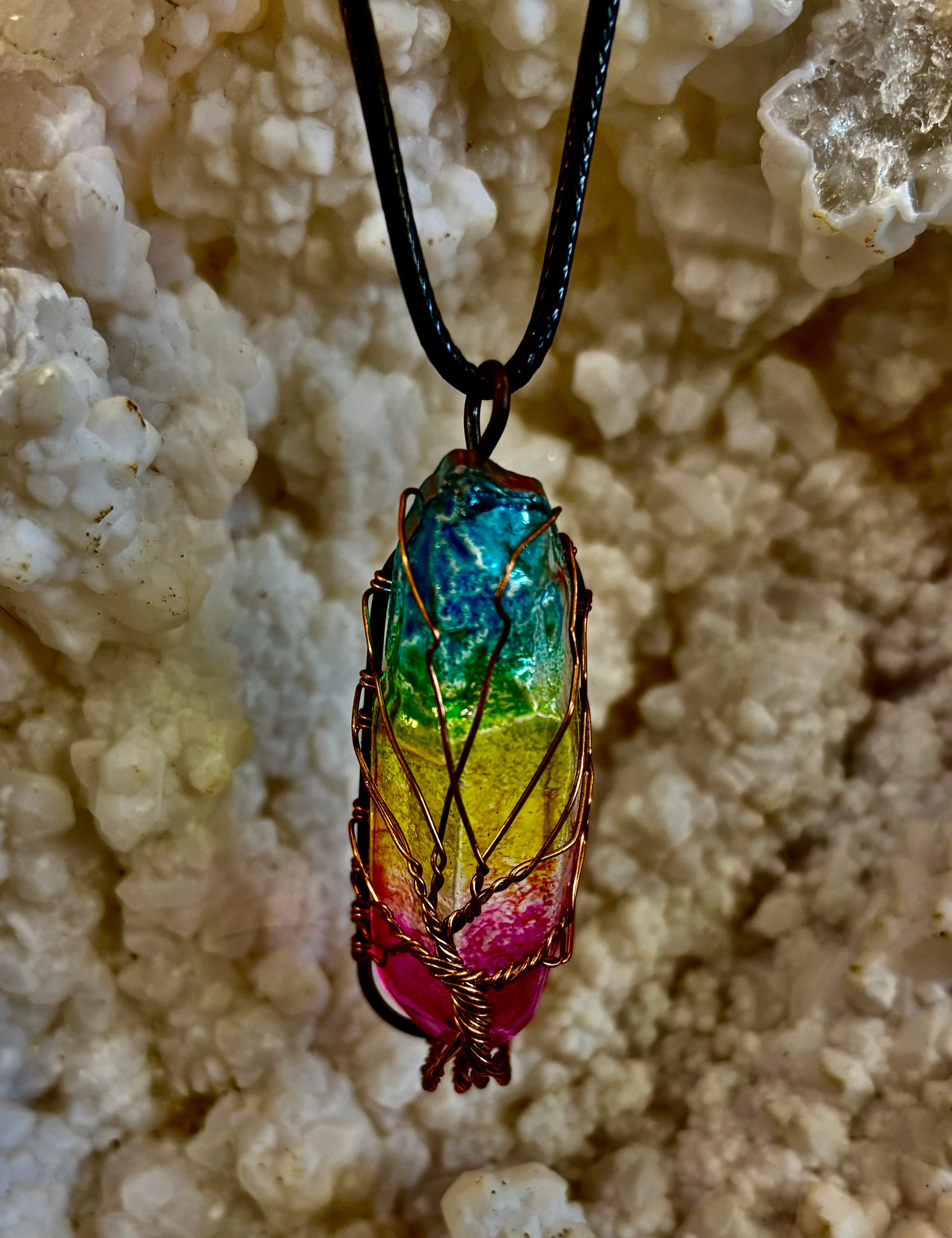 Rainbow Chakra Tree of Life Necklace – Glass Pendant | Leather Cord | Copper or Silver Wire Wrap | | Wiccan Center