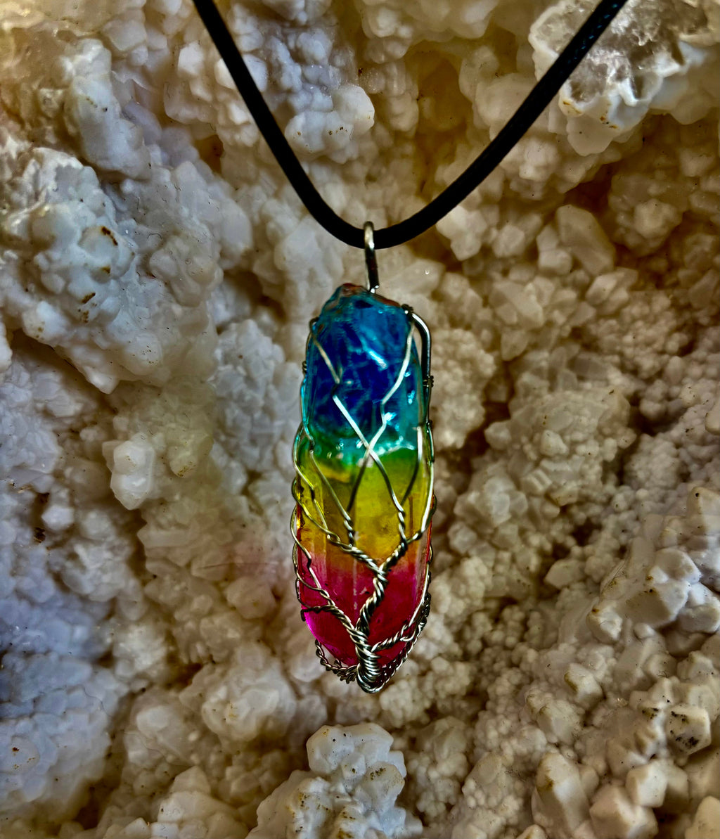 Rainbow Chakra Tree of Life Necklace – Glass Pendant | Leather Cord | Copper or Silver Wire Wrap | | Wiccan Center