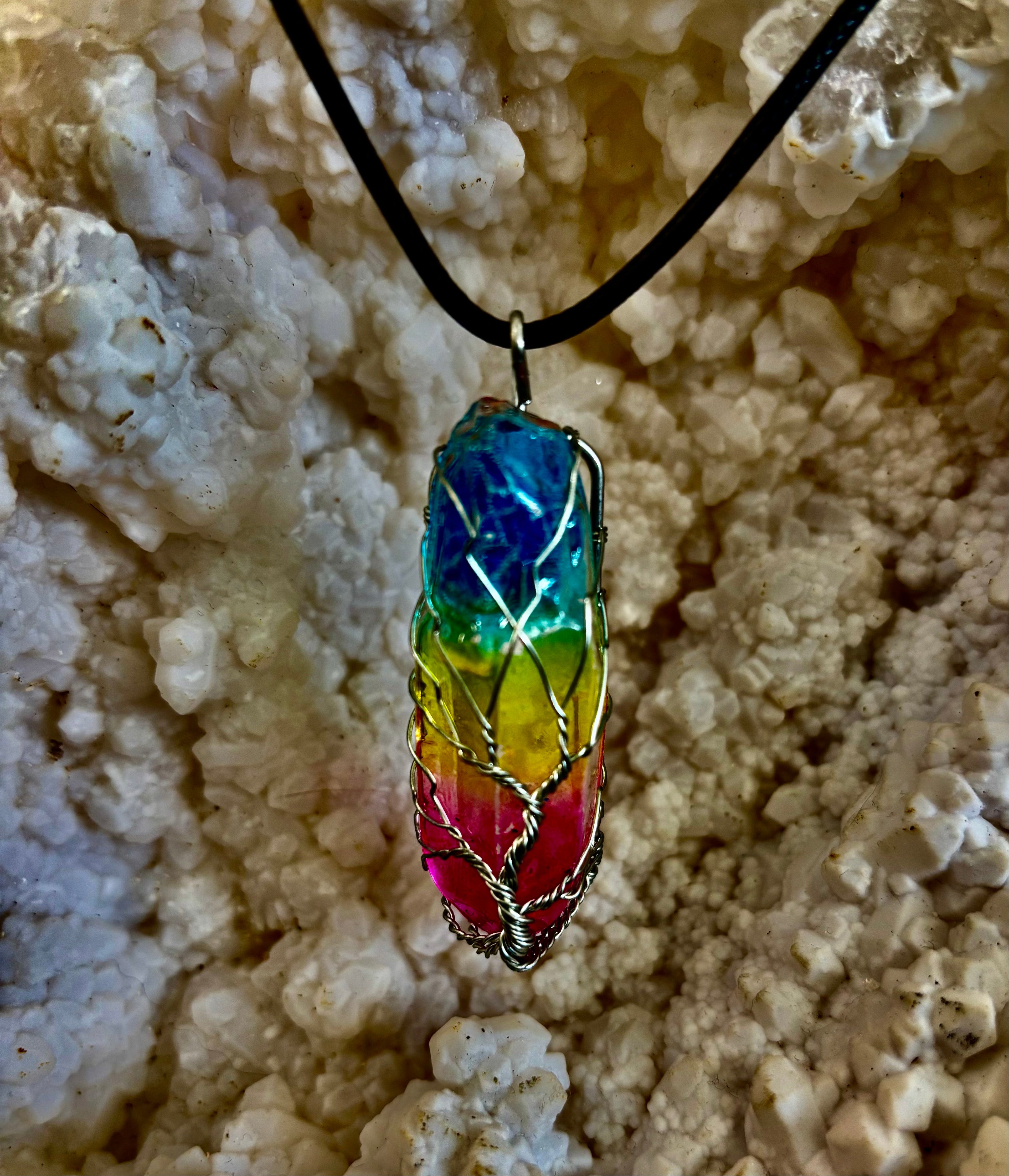 Rainbow Chakra Tree of Life Necklace – Glass Pendant | Leather Cord | Copper or Silver Wire Wrap | | Wiccan Center
