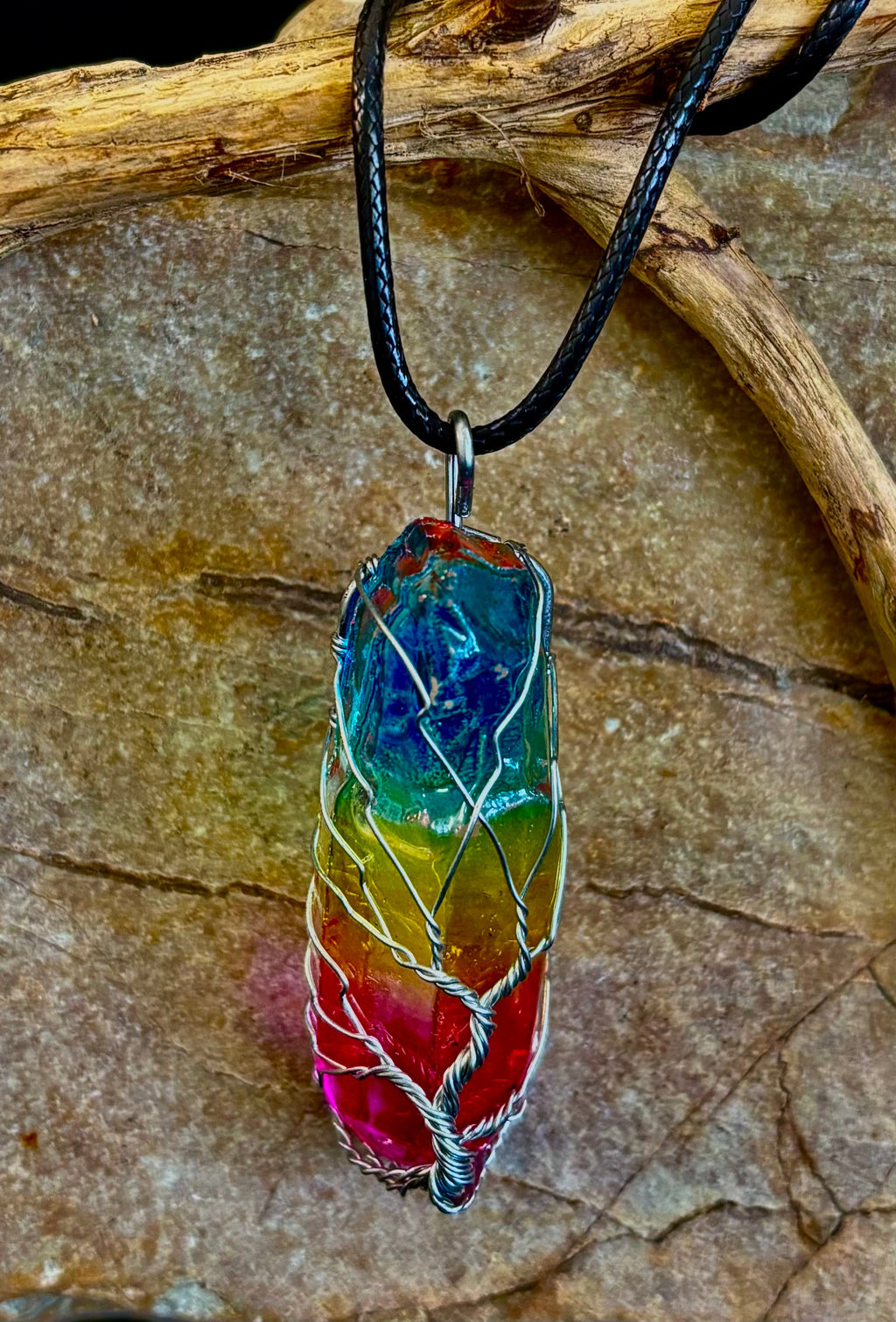Rainbow Chakra Tree of Life Necklace – Glass Pendant | Leather Cord | Copper or Silver Wire Wrap | | Wiccan Center