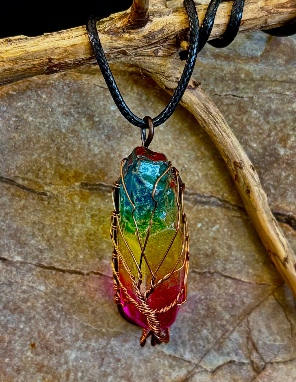 Rainbow Chakra Tree of Life Necklace – Glass Pendant | Leather Cord | Copper or Silver Wire Wrap | | Wiccan Center