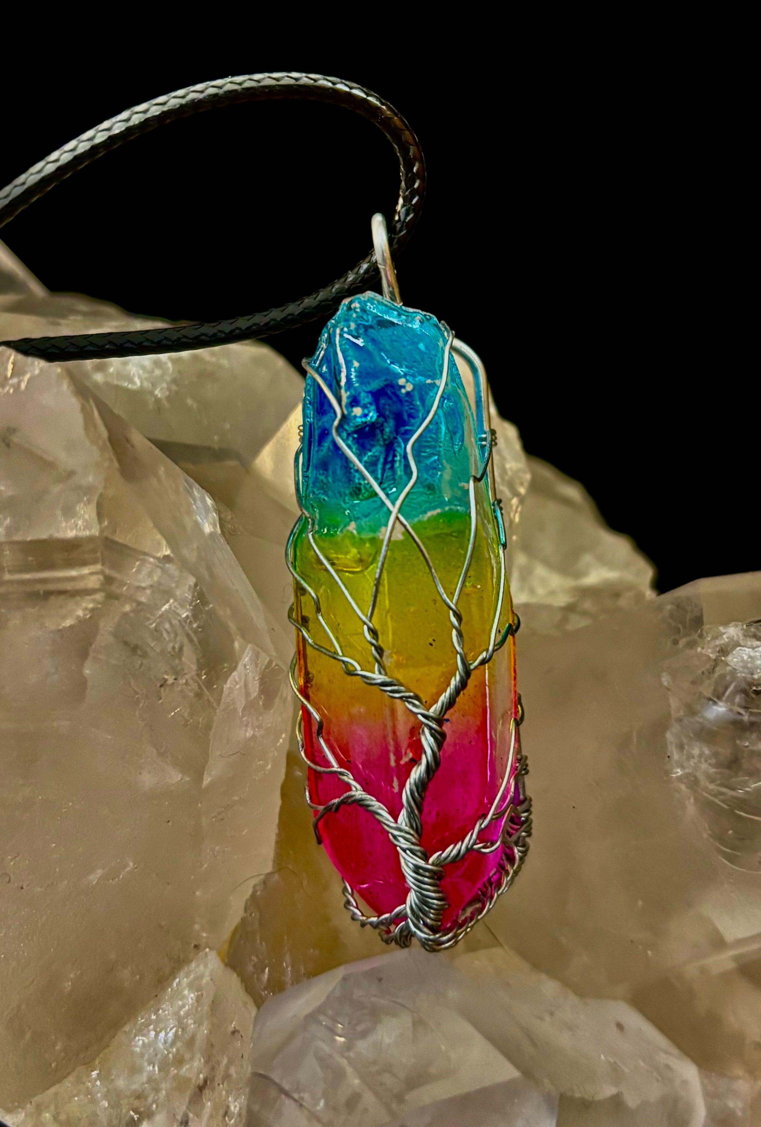Rainbow Chakra Tree of Life Necklace – Glass Pendant | Leather Cord | Copper or Silver Wire Wrap | | Wiccan Center