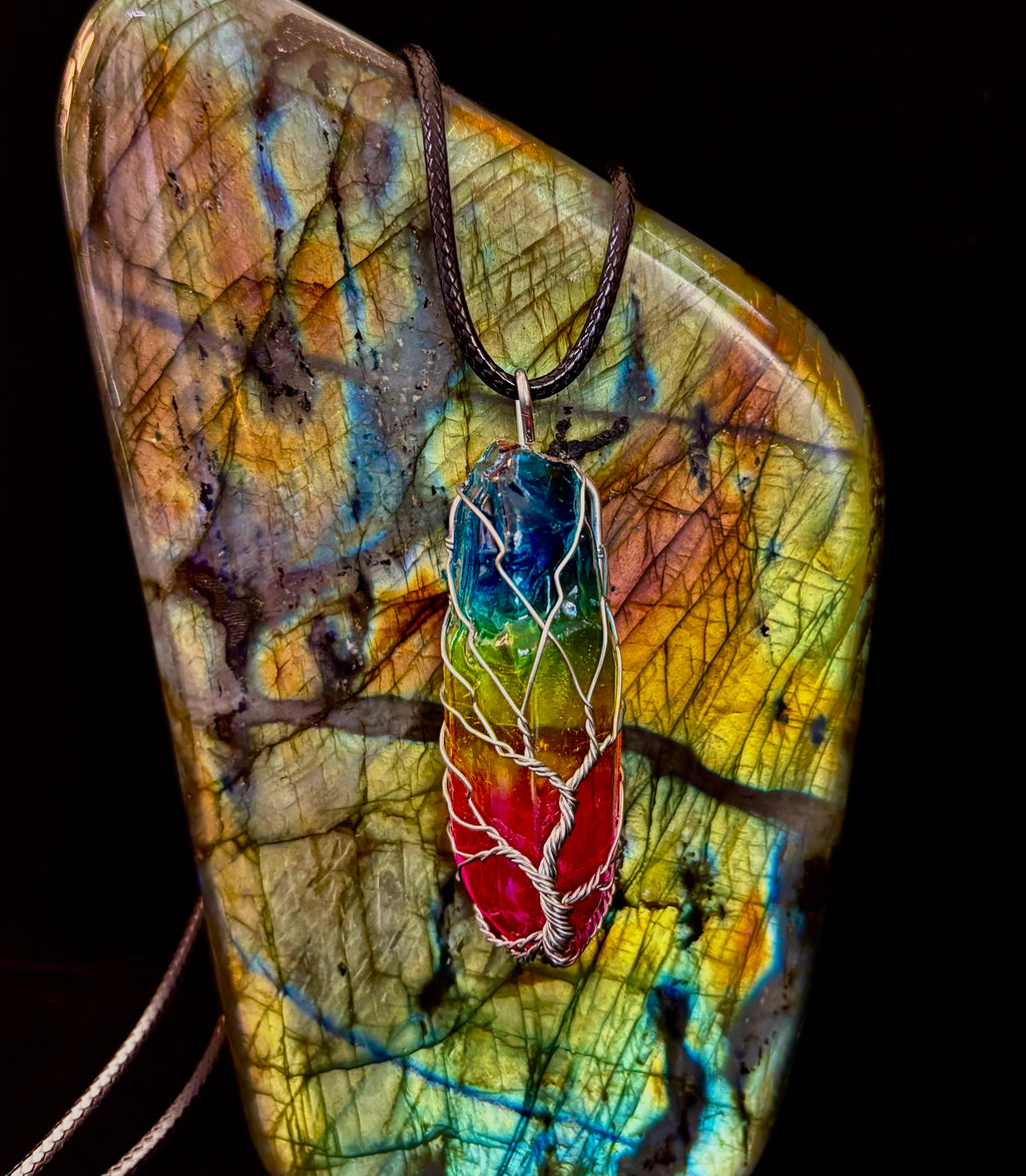 Rainbow Chakra Tree of Life Necklace – Glass Pendant | Leather Cord | Copper or Silver Wire Wrap | | Wiccan Center