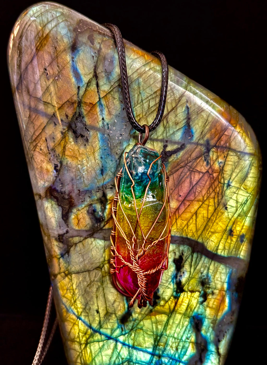 Rainbow Chakra Tree of Life Necklace – Glass Pendant | Leather Cord | Copper or Silver Wire Wrap | | Wiccan Center