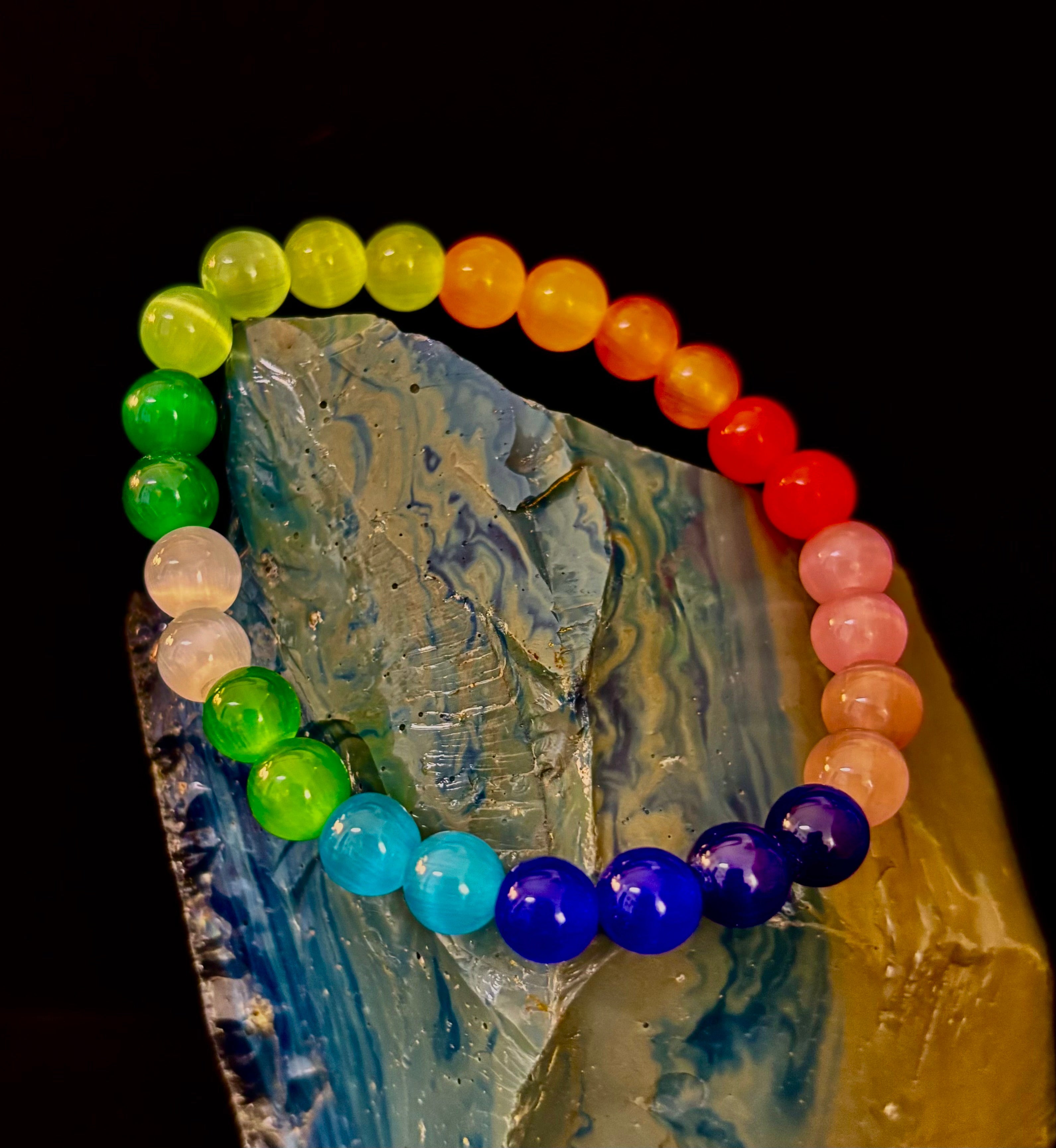 Rainbow Cat’s Eye Beaded Bracelet – Chakra Inspired Multicolor Bracelet | Pride Energy Jewelry | | Wiccan Center