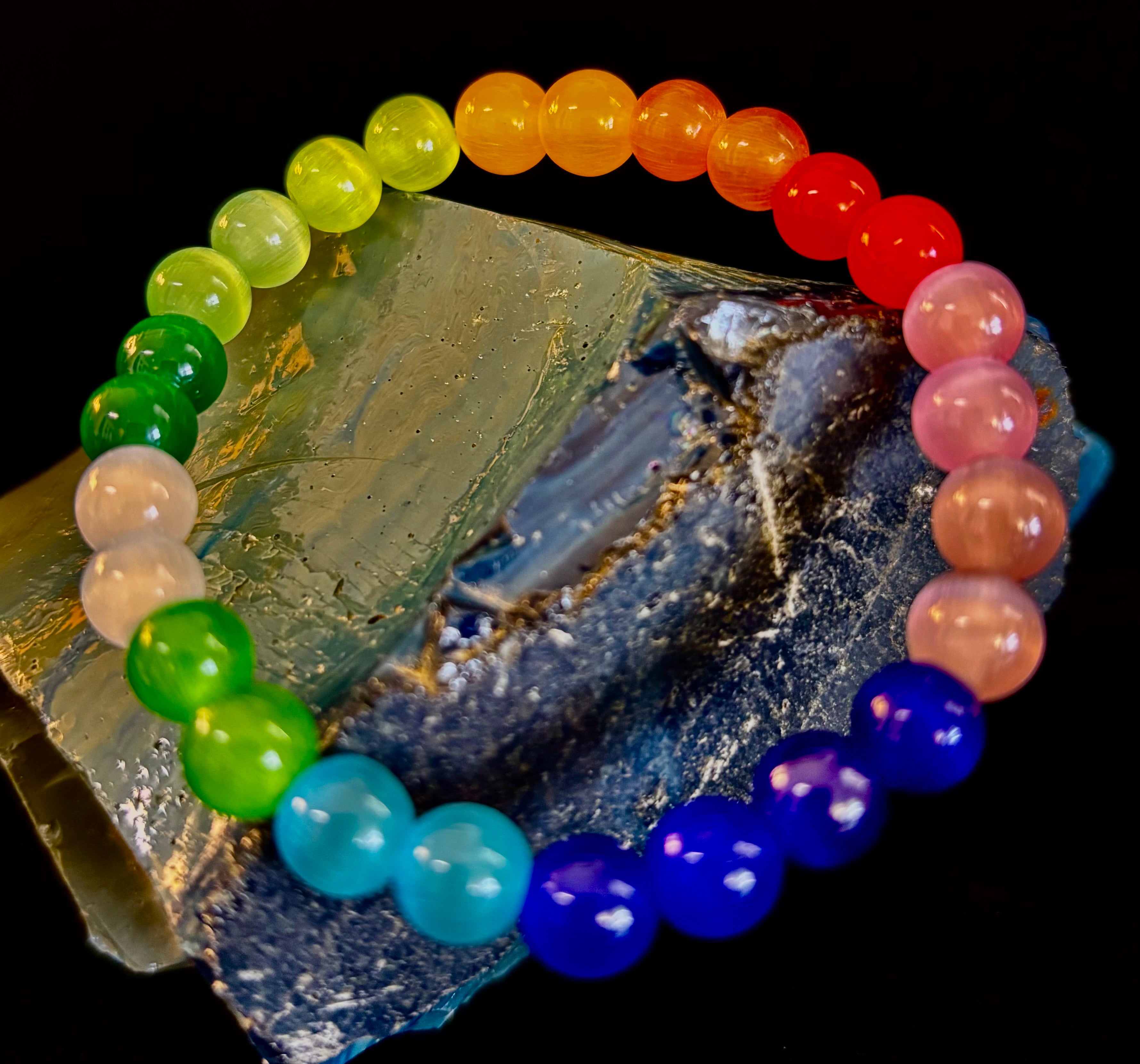 Rainbow Cat’s Eye Beaded Bracelet – Chakra Inspired Multicolor Bracelet | Pride Energy Jewelry | | Wiccan Center