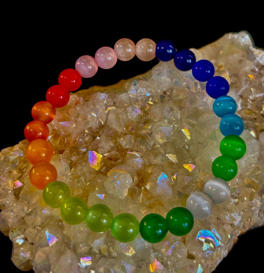 Rainbow Cat’s Eye Beaded Bracelet – Chakra Inspired Multicolor Bracelet | Pride Energy Jewelry | | Wiccan Center