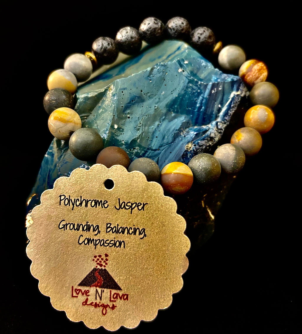 Polychrome Jasper & Lava Stone Essential Oil Diffuser Bracelet – 10mm Natural Stone | Aromatherapy Bracelet with Eucalyptus Oil | | Wiccan Center