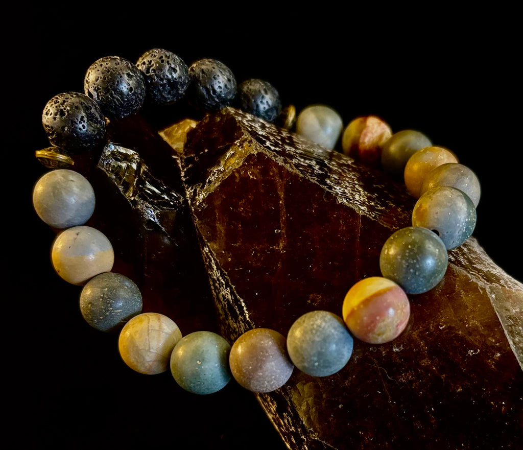 Polychrome Jasper & Lava Stone Essential Oil Diffuser Bracelet – 10mm Natural Stone | Aromatherapy Bracelet with Eucalyptus Oil | | Wiccan Center