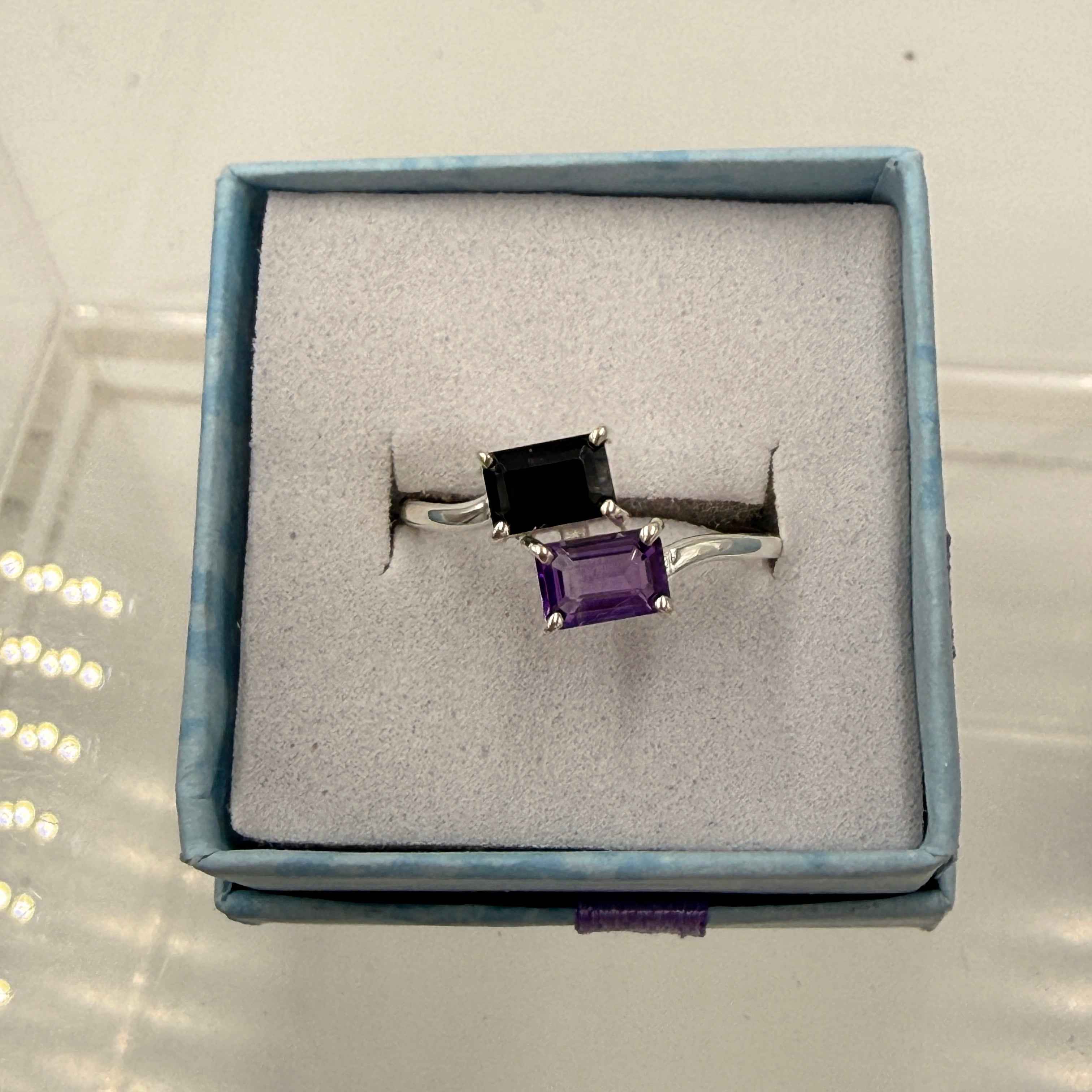 Sterling Silver Black Onyx & Amethyst Ring - Size 8 - Protective, Spiritual & Grounding | Rings | Wiccan Center