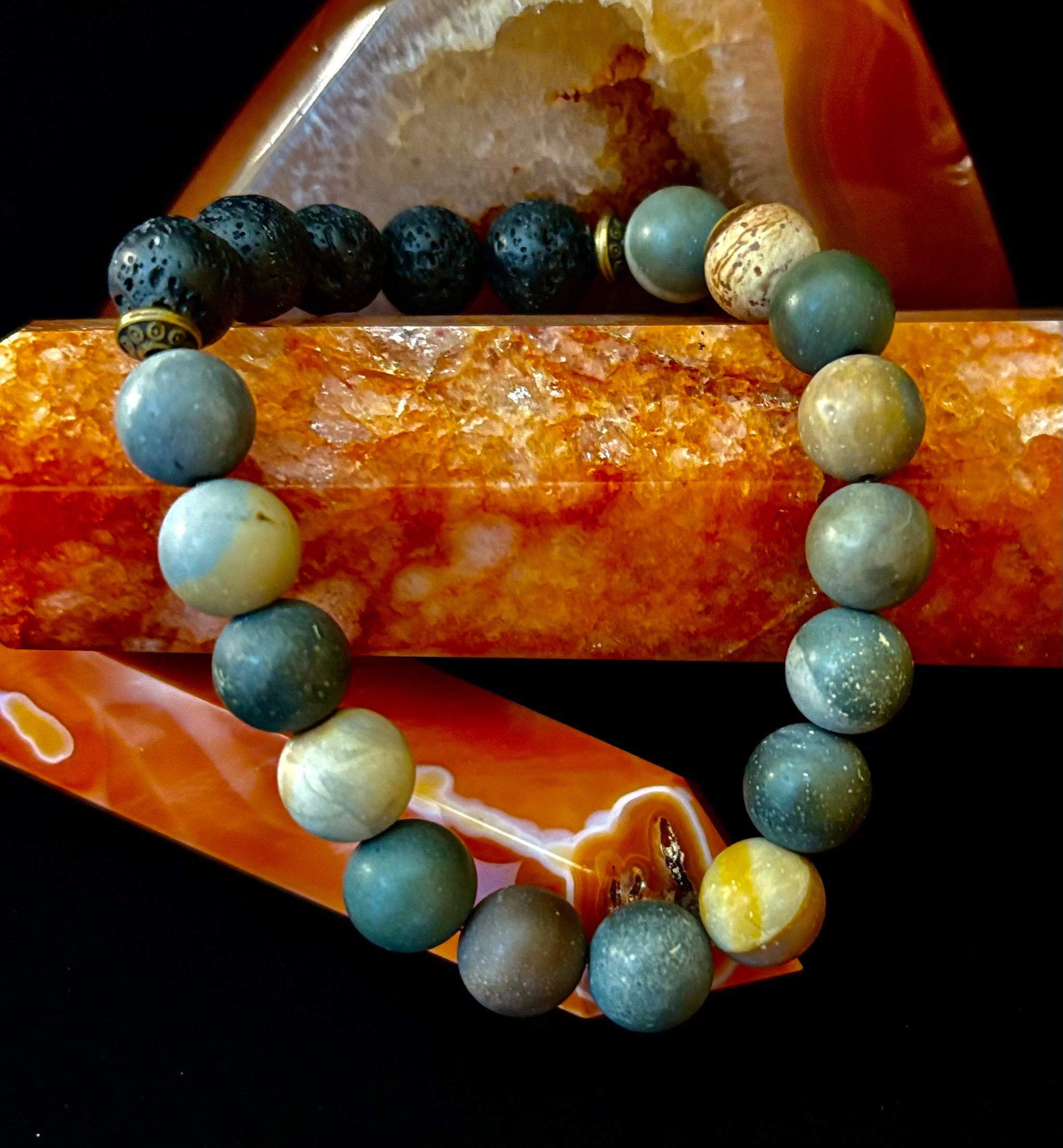 Polychrome Jasper & Lava Stone Essential Oil Diffuser Bracelet – 10mm Natural Stone | Aromatherapy Bracelet with Eucalyptus Oil | | Wiccan Center