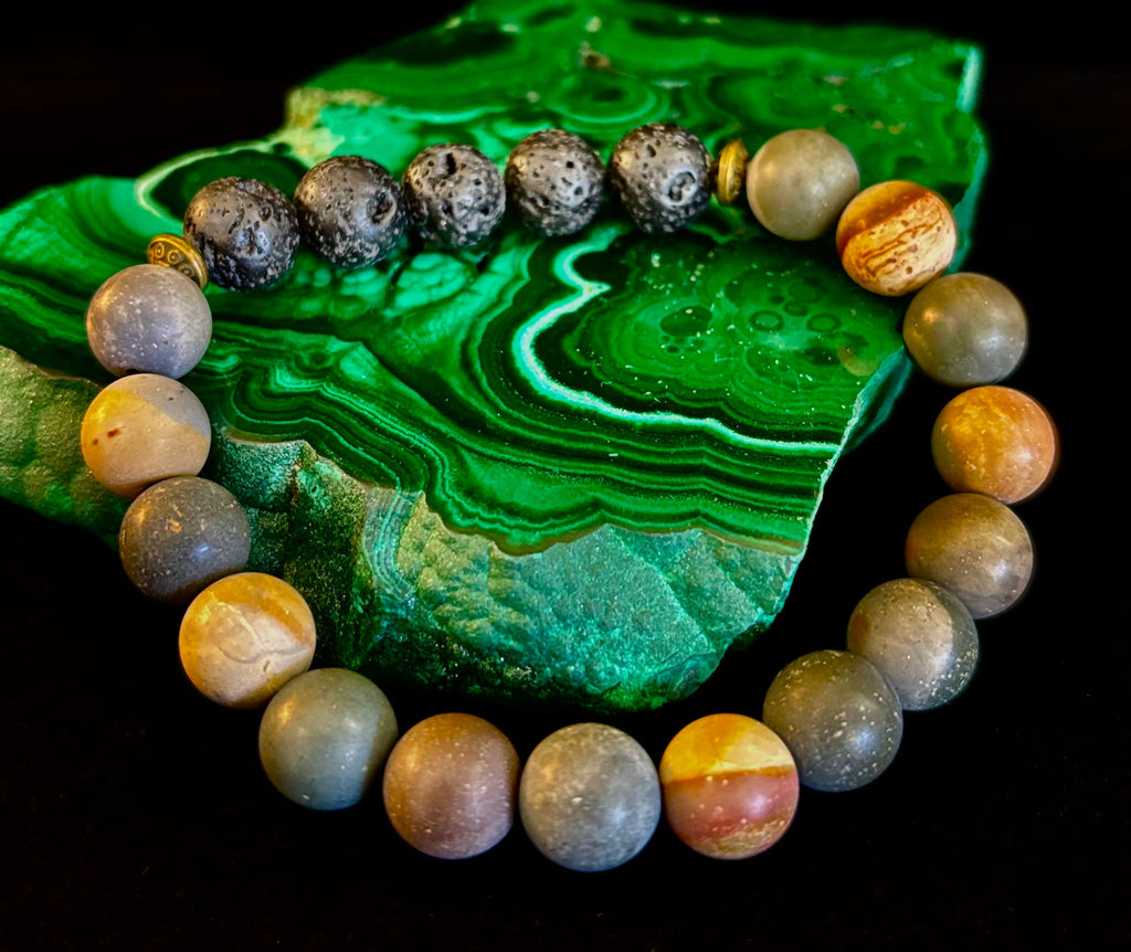 Polychrome Jasper & Lava Stone Essential Oil Diffuser Bracelet – 10mm Natural Stone | Aromatherapy Bracelet with Eucalyptus Oil | | Wiccan Center