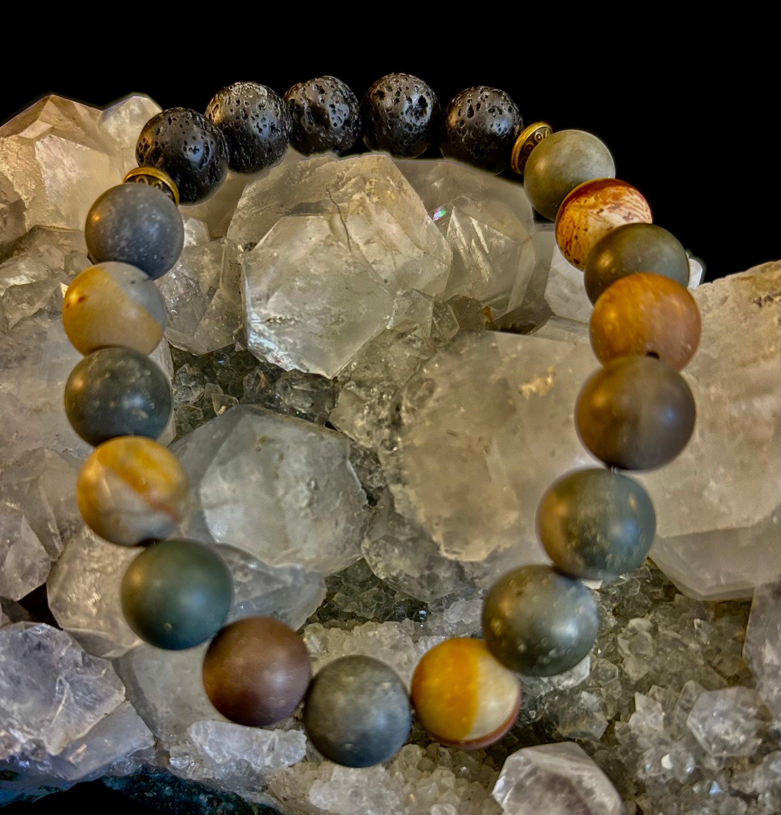 Polychrome Jasper & Lava Stone Essential Oil Diffuser Bracelet – 10mm Natural Stone | Aromatherapy Bracelet with Eucalyptus Oil | | Wiccan Center