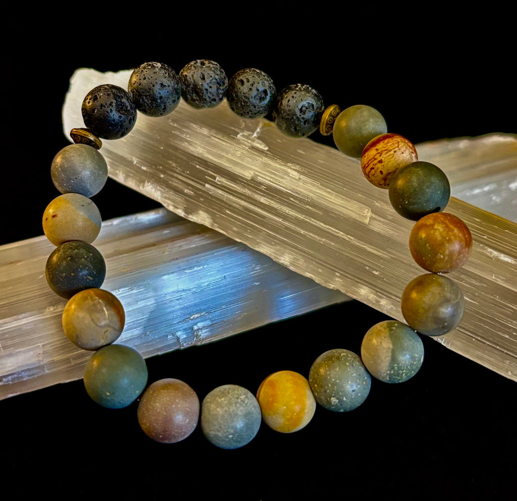 Polychrome Jasper & Lava Stone Essential Oil Diffuser Bracelet – 10mm Natural Stone | Aromatherapy Bracelet with Eucalyptus Oil | | Wiccan Center