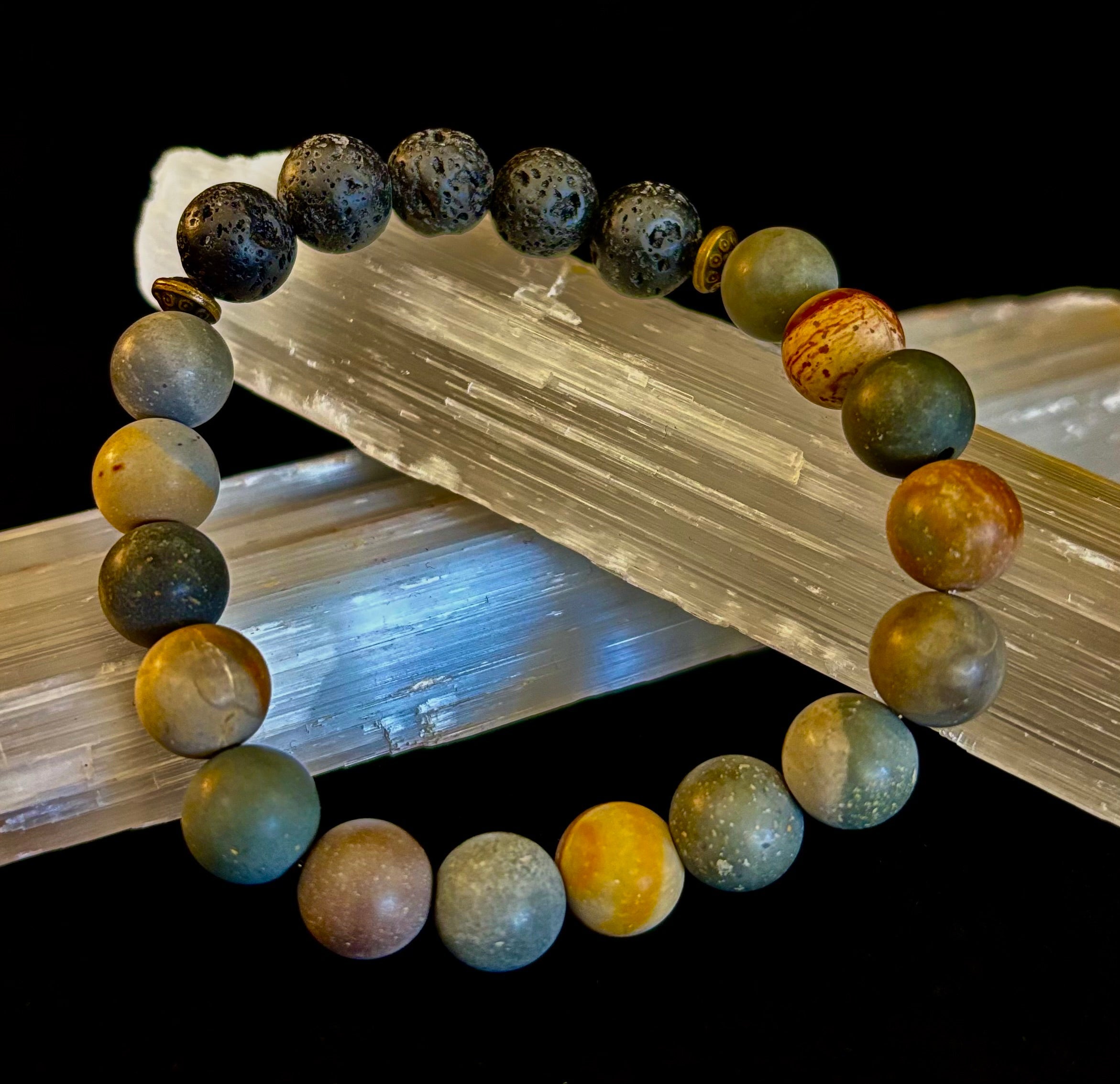 Polychrome Jasper & Lava Stone Essential Oil Diffuser Bracelet – 10mm Natural Stone | Aromatherapy Bracelet with Eucalyptus Oil | | Wiccan Center