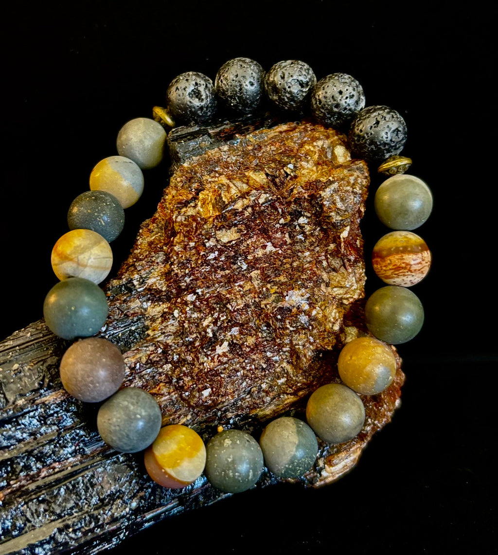 Polychrome Jasper & Lava Stone Essential Oil Diffuser Bracelet – 10mm Natural Stone | Aromatherapy Bracelet with Eucalyptus Oil | | Wiccan Center