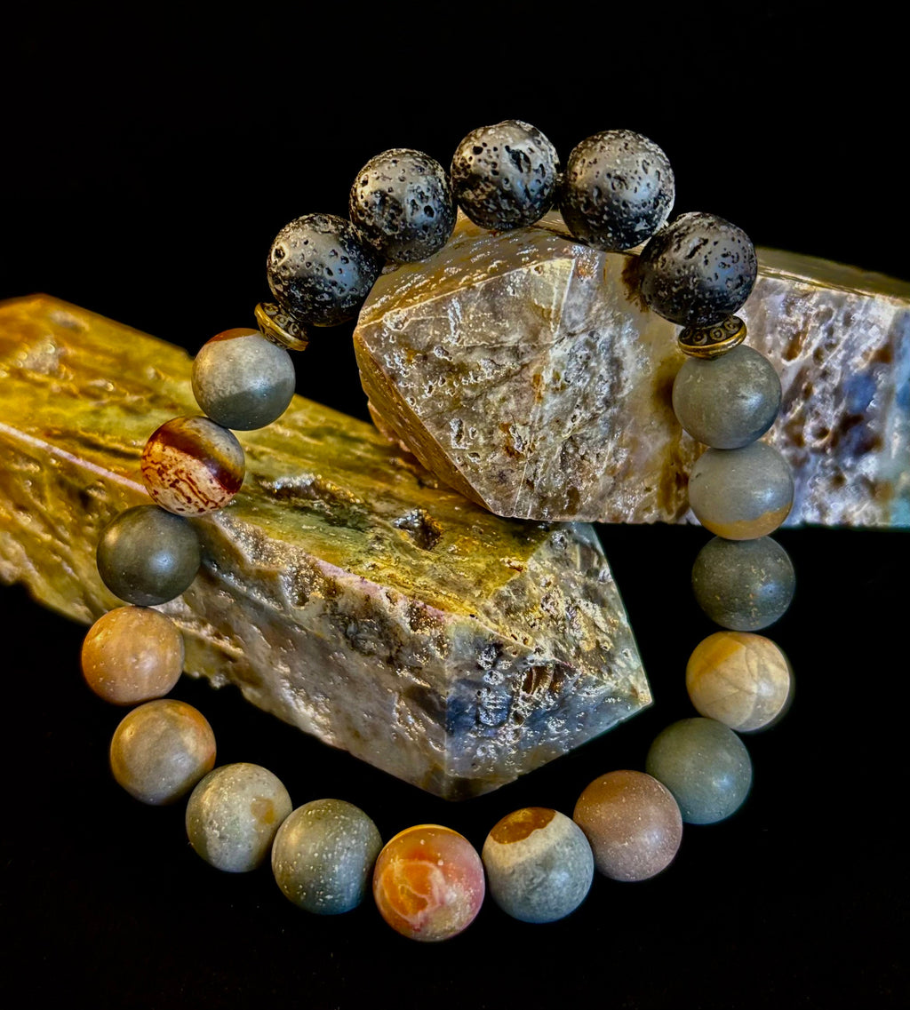 Polychrome Jasper & Lava Stone Essential Oil Diffuser Bracelet – 10mm Natural Stone | Aromatherapy Bracelet with Eucalyptus Oil | | Wiccan Center