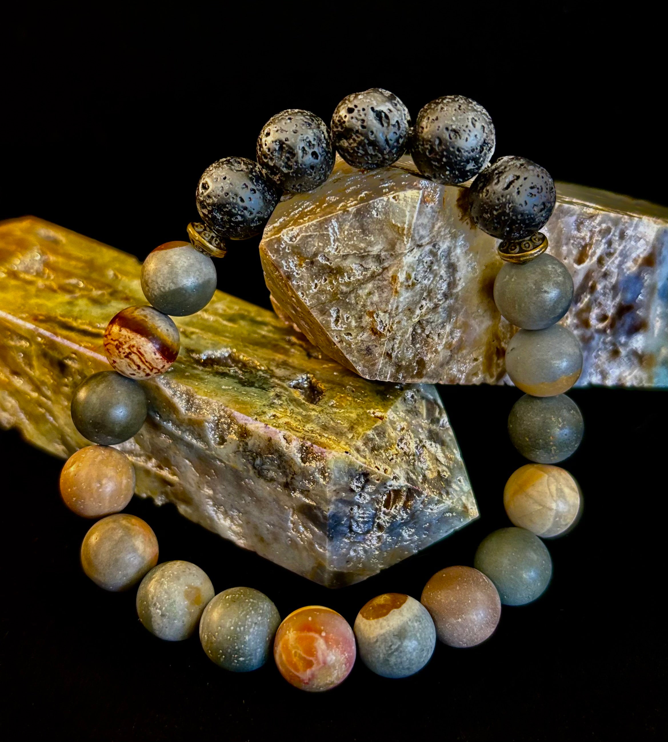 Polychrome Jasper & Lava Stone Essential Oil Diffuser Bracelet – 10mm Natural Stone | Aromatherapy Bracelet with Eucalyptus Oil | | Wiccan Center
