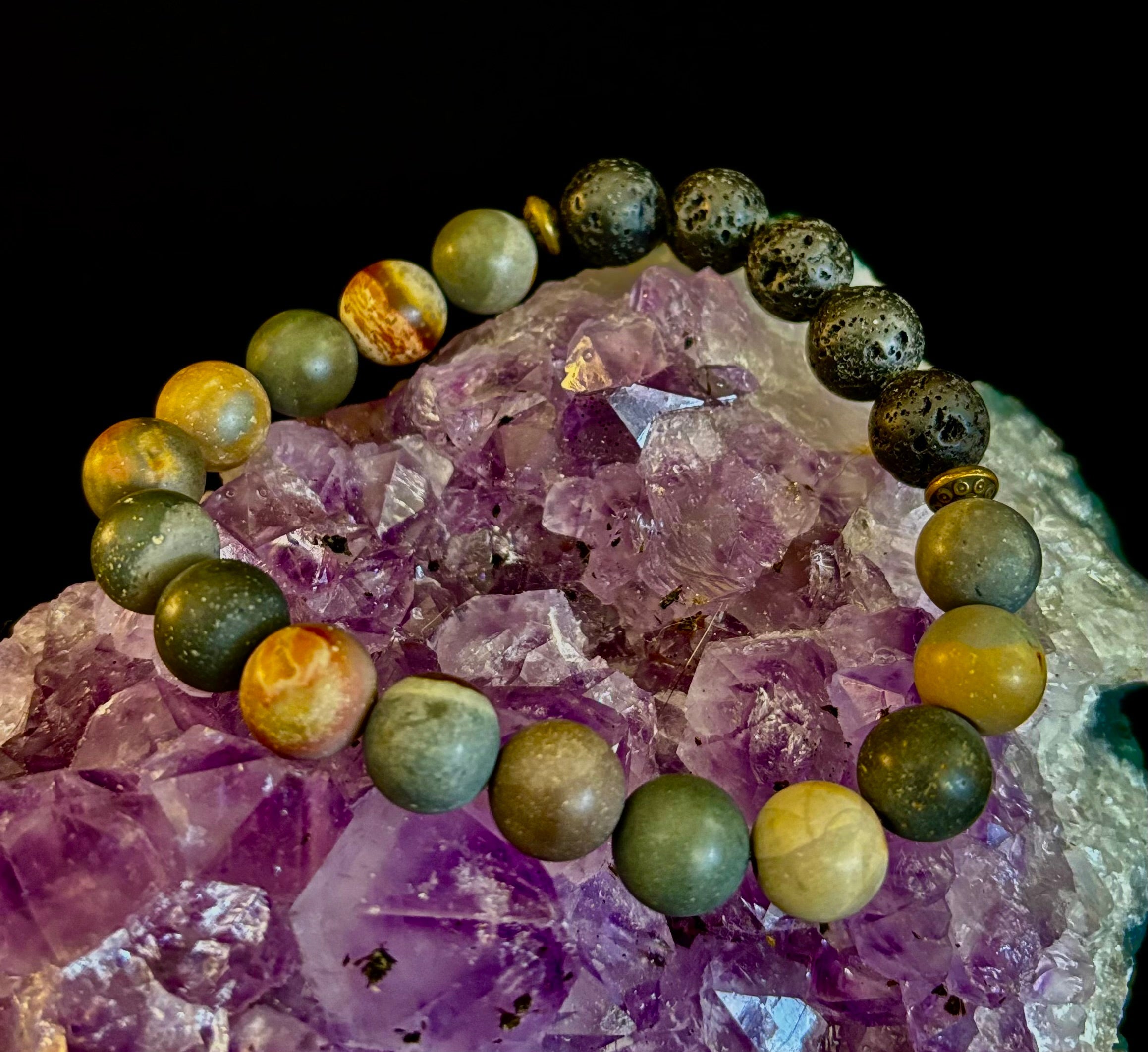 Polychrome Jasper & Lava Stone Essential Oil Diffuser Bracelet – 10mm Natural Stone | Aromatherapy Bracelet with Eucalyptus Oil | | Wiccan Center