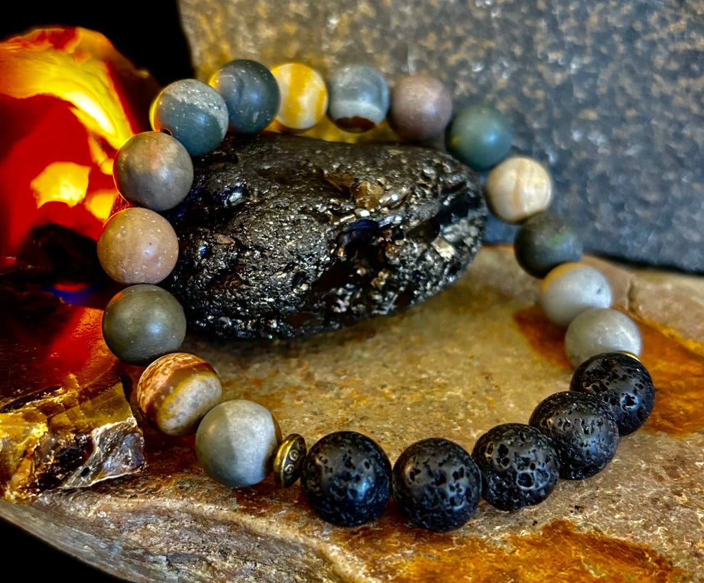 Polychrome Jasper & Lava Stone Essential Oil Diffuser Bracelet – 10mm Natural Stone | Aromatherapy Bracelet with Eucalyptus Oil | | Wiccan Center