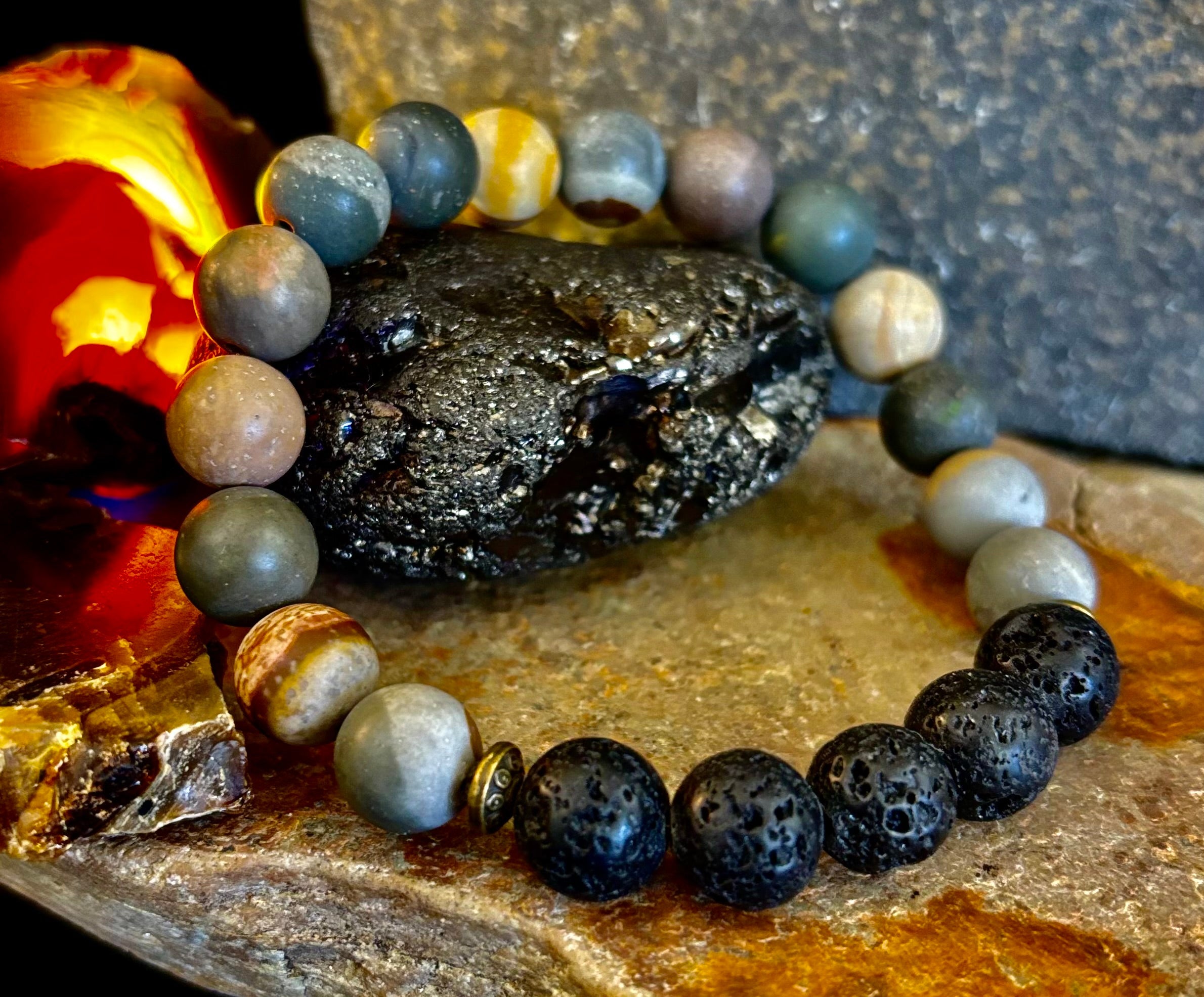 Polychrome Jasper & Lava Stone Essential Oil Diffuser Bracelet – 10mm Natural Stone | Aromatherapy Bracelet with Eucalyptus Oil | | Wiccan Center