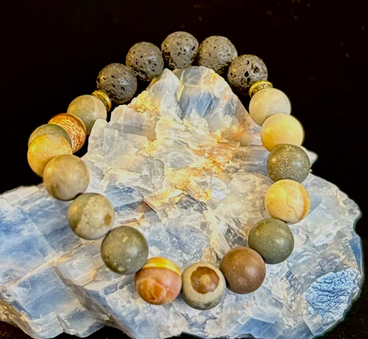 Polychrome Jasper & Lava Stone Essential Oil Diffuser Bracelet – 10mm Natural Stone | Aromatherapy Bracelet with Eucalyptus Oil | | Wiccan Center