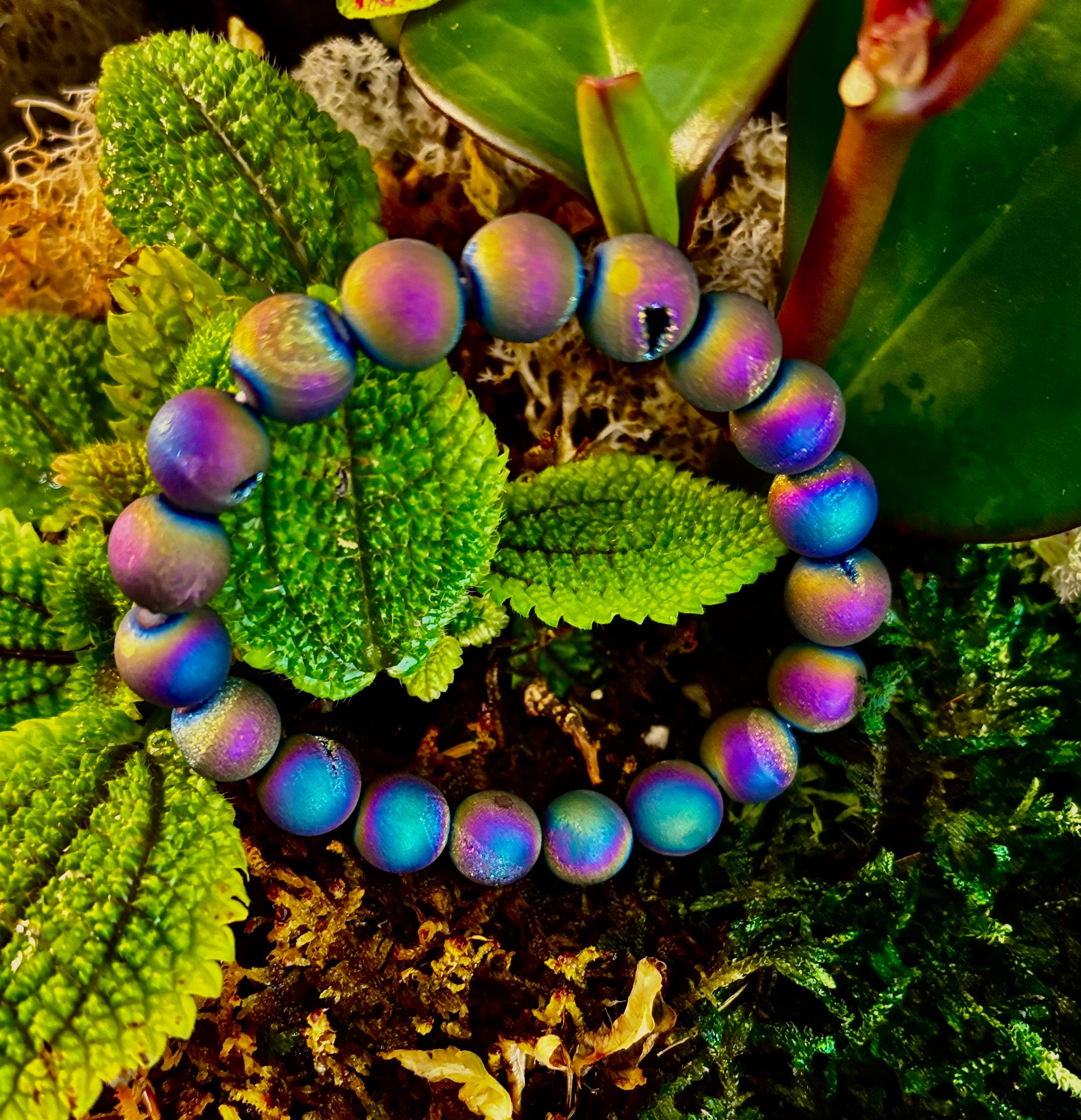 Peacock Rainbow Druzy Agate Bracelet – Titanium Coated 10mm Beads | Stretch Fit | Iridescent Statement Jewelry | | Wiccan Center