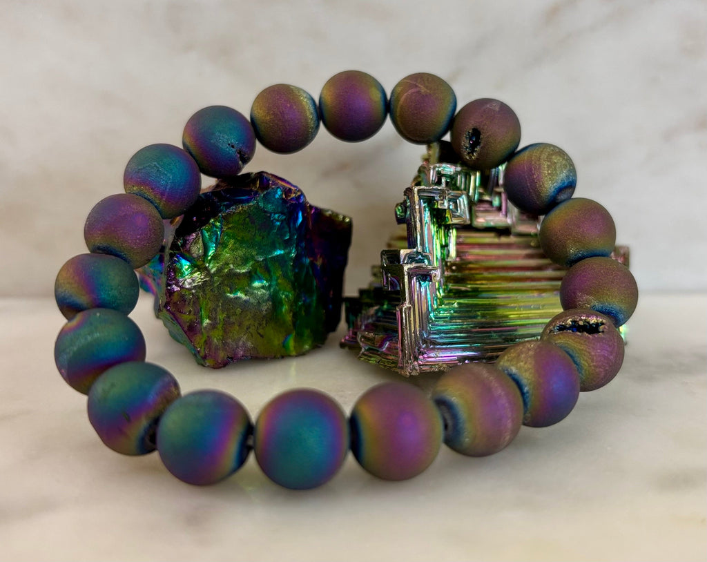 Peacock Rainbow Druzy Agate Bracelet – Titanium Coated 10mm Beads | Stretch Fit | Iridescent Statement Jewelry | | Wiccan Center