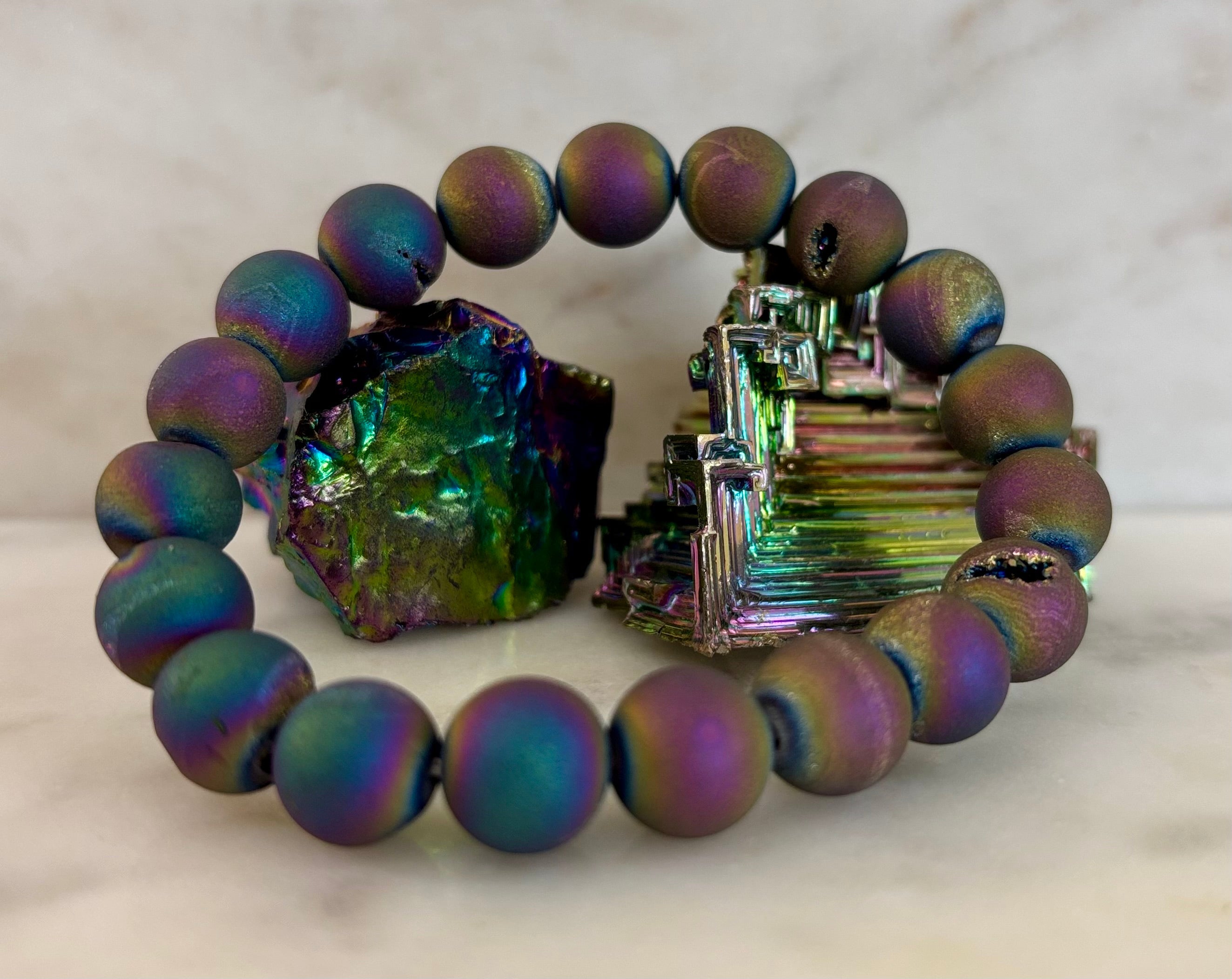Peacock Rainbow Druzy Agate Bracelet – Titanium Coated 10mm Beads | Stretch Fit | Iridescent Statement Jewelry | | Wiccan Center