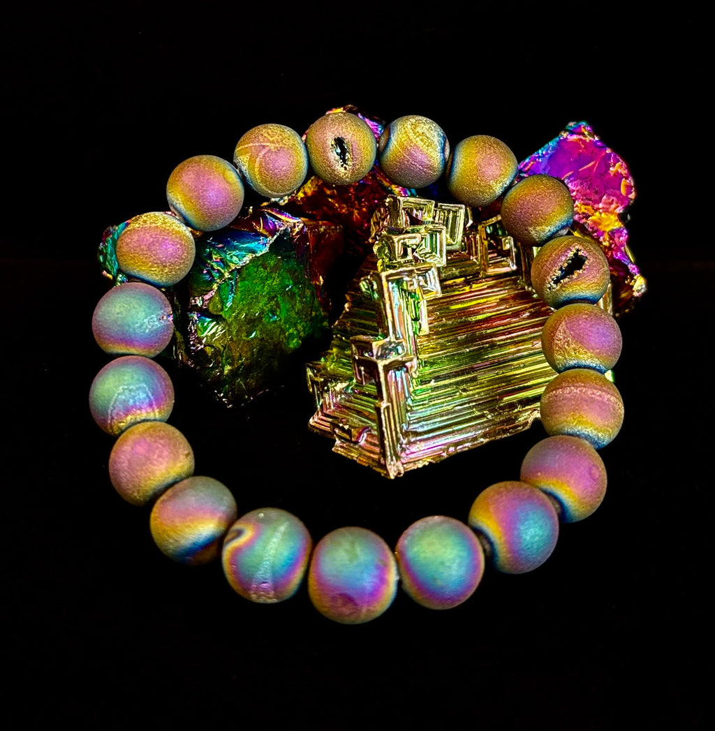 Peacock Rainbow Druzy Agate Bracelet – Titanium Coated 10mm Beads | Stretch Fit | Iridescent Statement Jewelry | | Wiccan Center