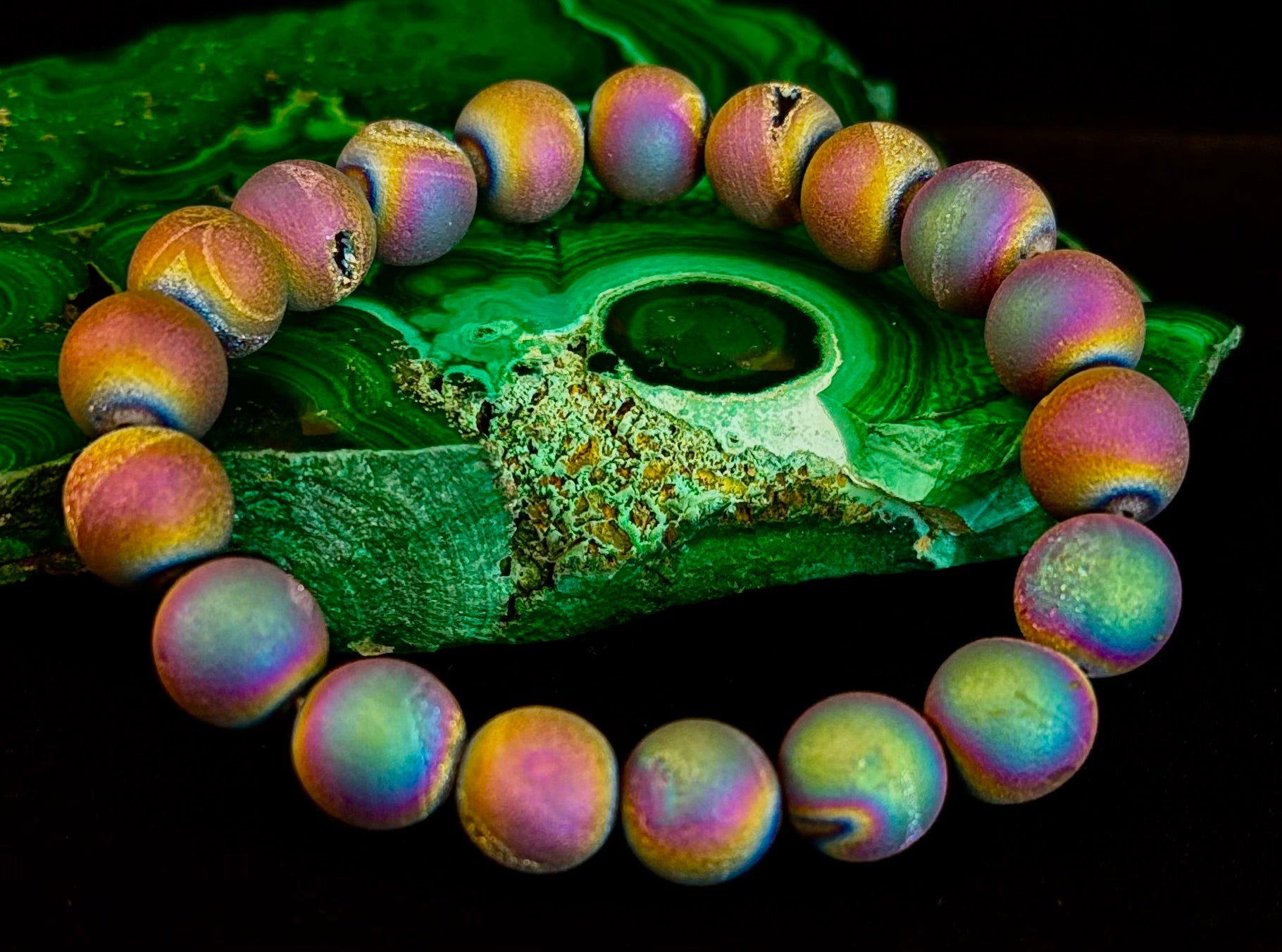 Peacock Rainbow Druzy Agate Bracelet – Titanium Coated 10mm Beads | Stretch Fit | Iridescent Statement Jewelry | | Wiccan Center