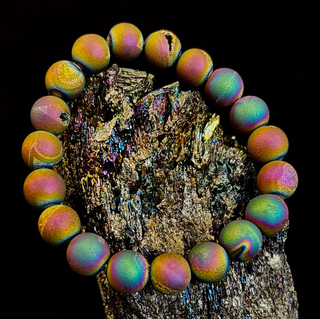 Peacock Rainbow Druzy Agate Bracelet – Titanium Coated 10mm Beads | Stretch Fit | Iridescent Statement Jewelry | | Wiccan Center