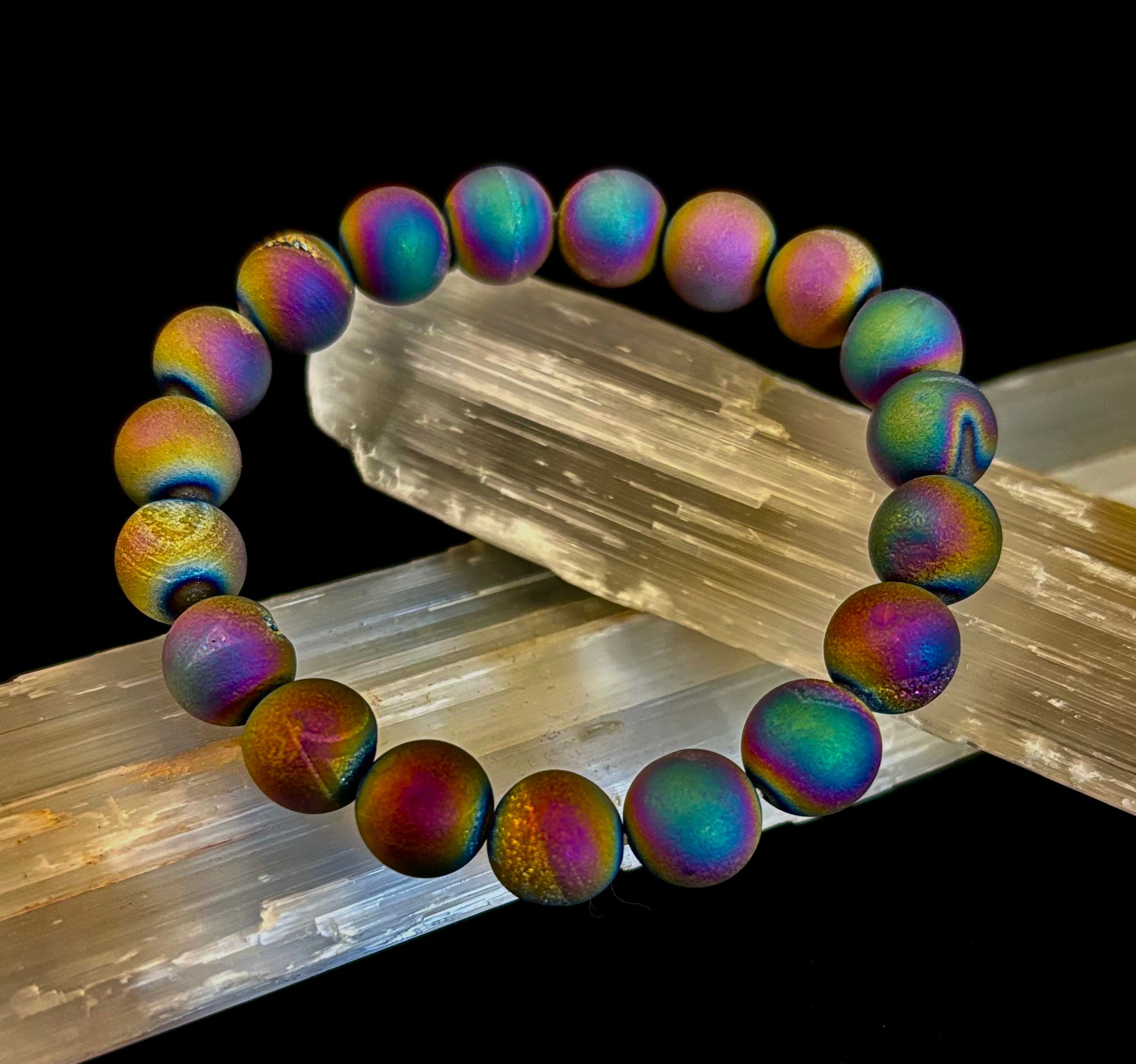 Peacock Rainbow Druzy Agate Bracelet – Titanium Coated 10mm Beads | Stretch Fit | Iridescent Statement Jewelry | | Wiccan Center