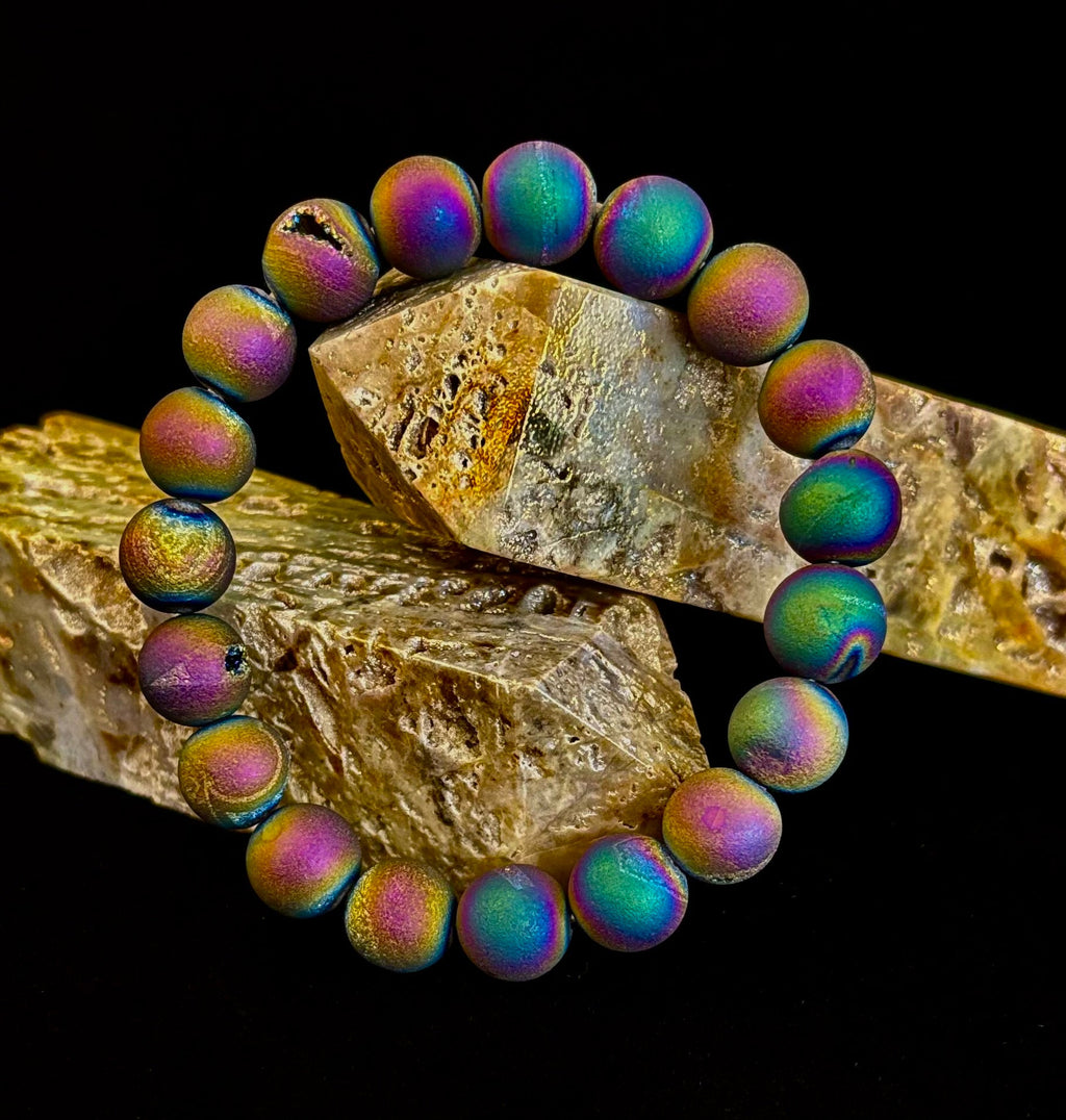 Peacock Rainbow Druzy Agate Bracelet – Titanium Coated 10mm Beads | Stretch Fit | Iridescent Statement Jewelry | | Wiccan Center