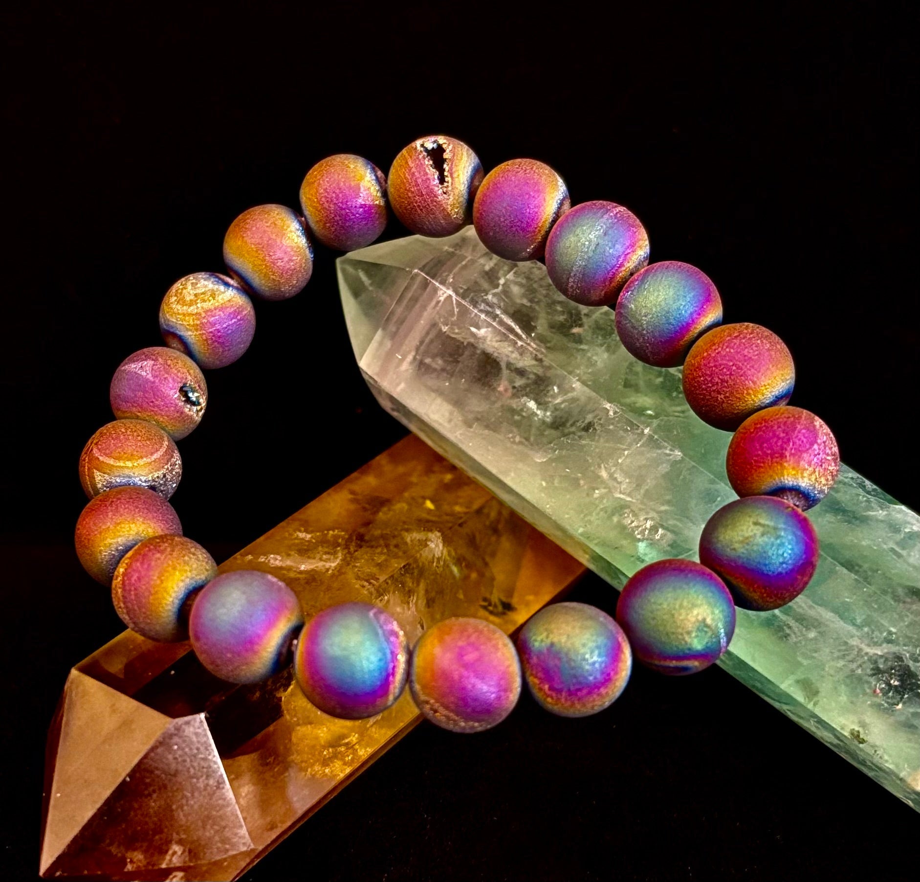 Peacock Rainbow Druzy Agate Bracelet – Titanium Coated 10mm Beads | Stretch Fit | Iridescent Statement Jewelry | | Wiccan Center