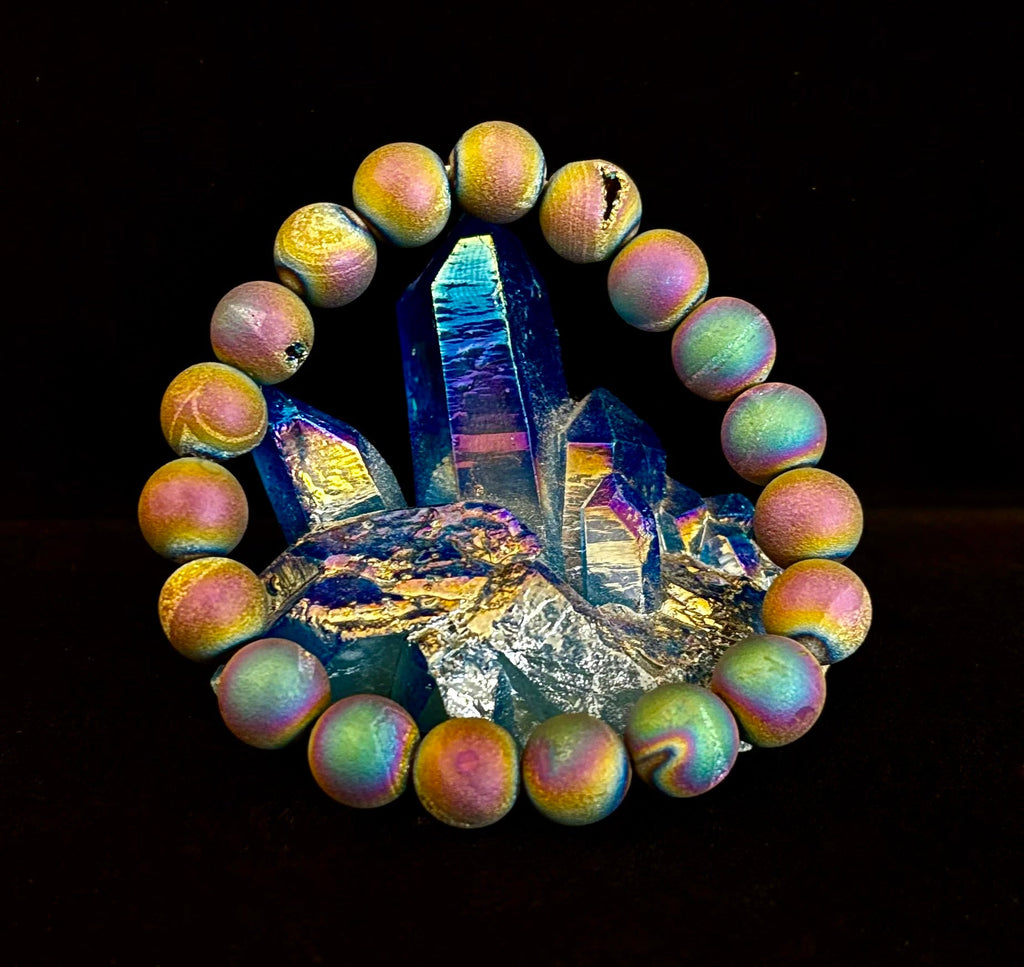 Peacock Rainbow Druzy Agate Bracelet – Titanium Coated 10mm Beads | Stretch Fit | Iridescent Statement Jewelry | | Wiccan Center