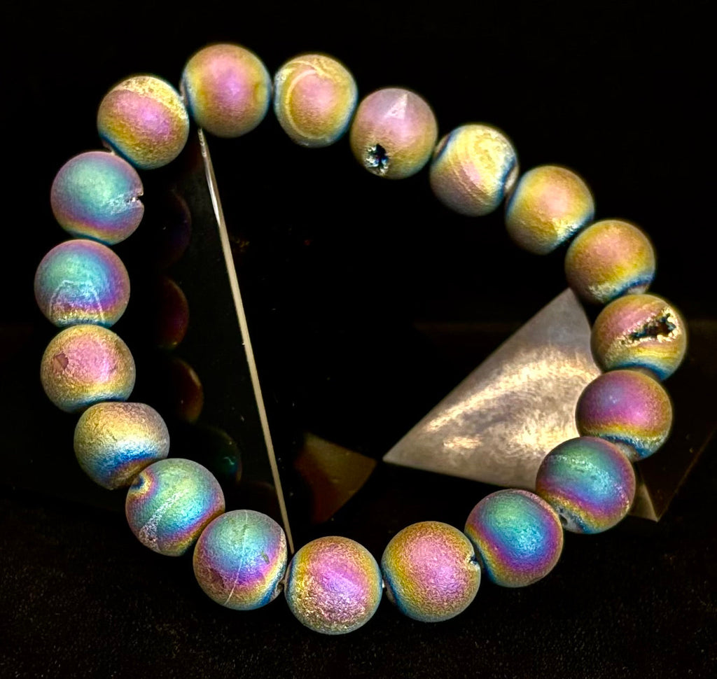Peacock Rainbow Druzy Agate Bracelet – Titanium Coated 10mm Beads | Stretch Fit | Iridescent Statement Jewelry | | Wiccan Center