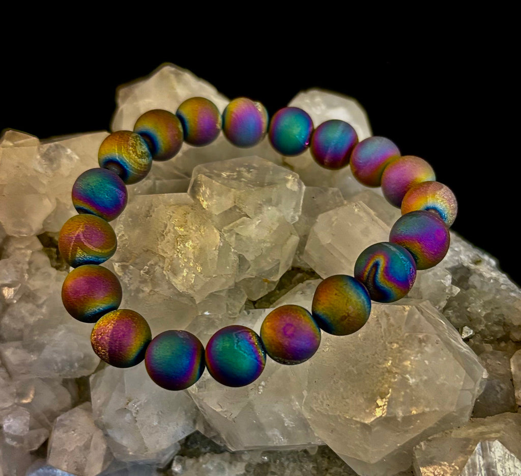 Peacock Rainbow Druzy Agate Bracelet – Titanium Coated 10mm Beads | Stretch Fit | Iridescent Statement Jewelry | | Wiccan Center