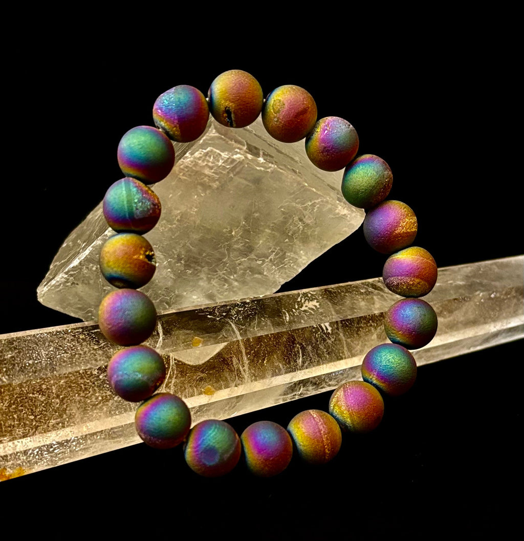 Peacock Rainbow Druzy Agate Bracelet – Titanium Coated 10mm Beads | Stretch Fit | Iridescent Statement Jewelry | | Wiccan Center