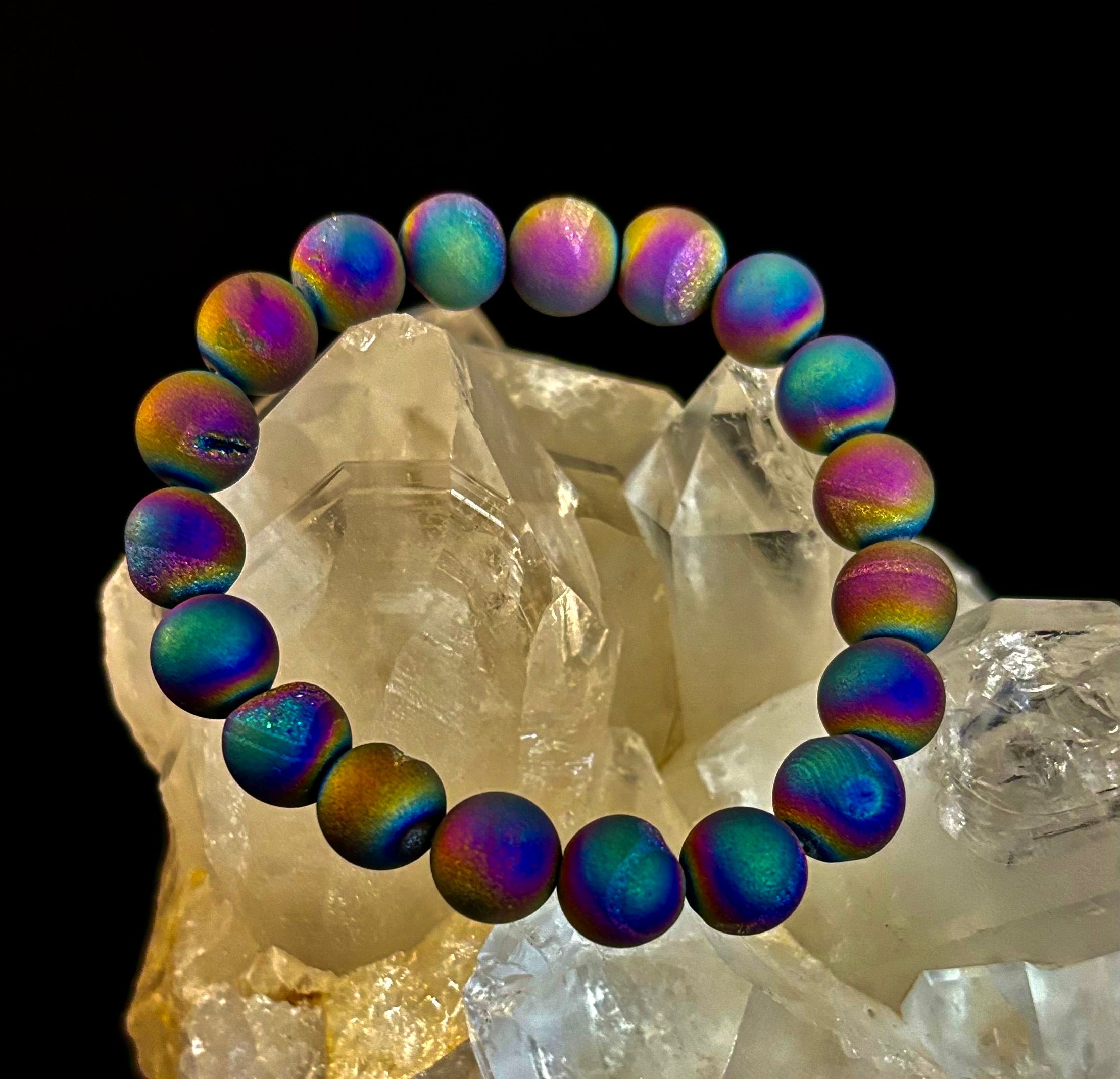 Peacock Rainbow Druzy Agate Bracelet – Titanium Coated 10mm Beads | Stretch Fit | Iridescent Statement Jewelry | | Wiccan Center