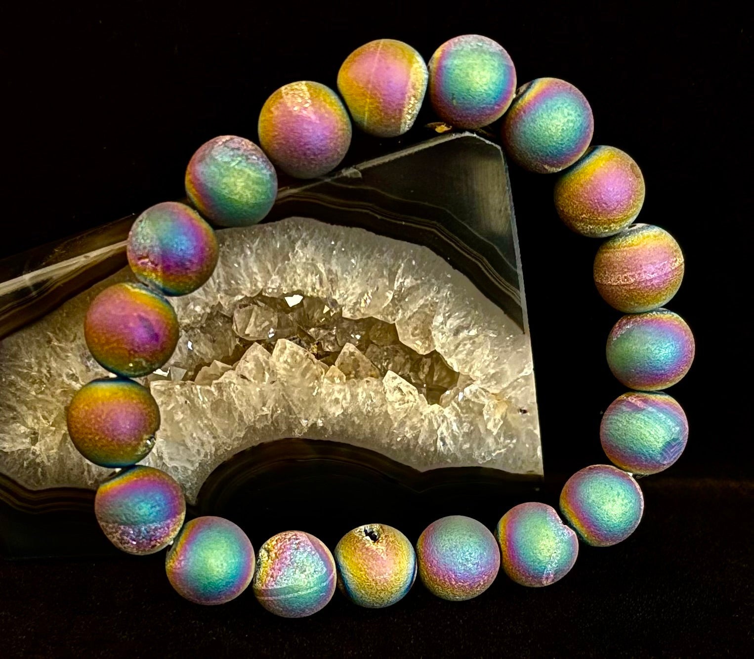 Peacock Rainbow Druzy Agate Bracelet – Titanium Coated 10mm Beads | Stretch Fit | Iridescent Statement Jewelry | | Wiccan Center