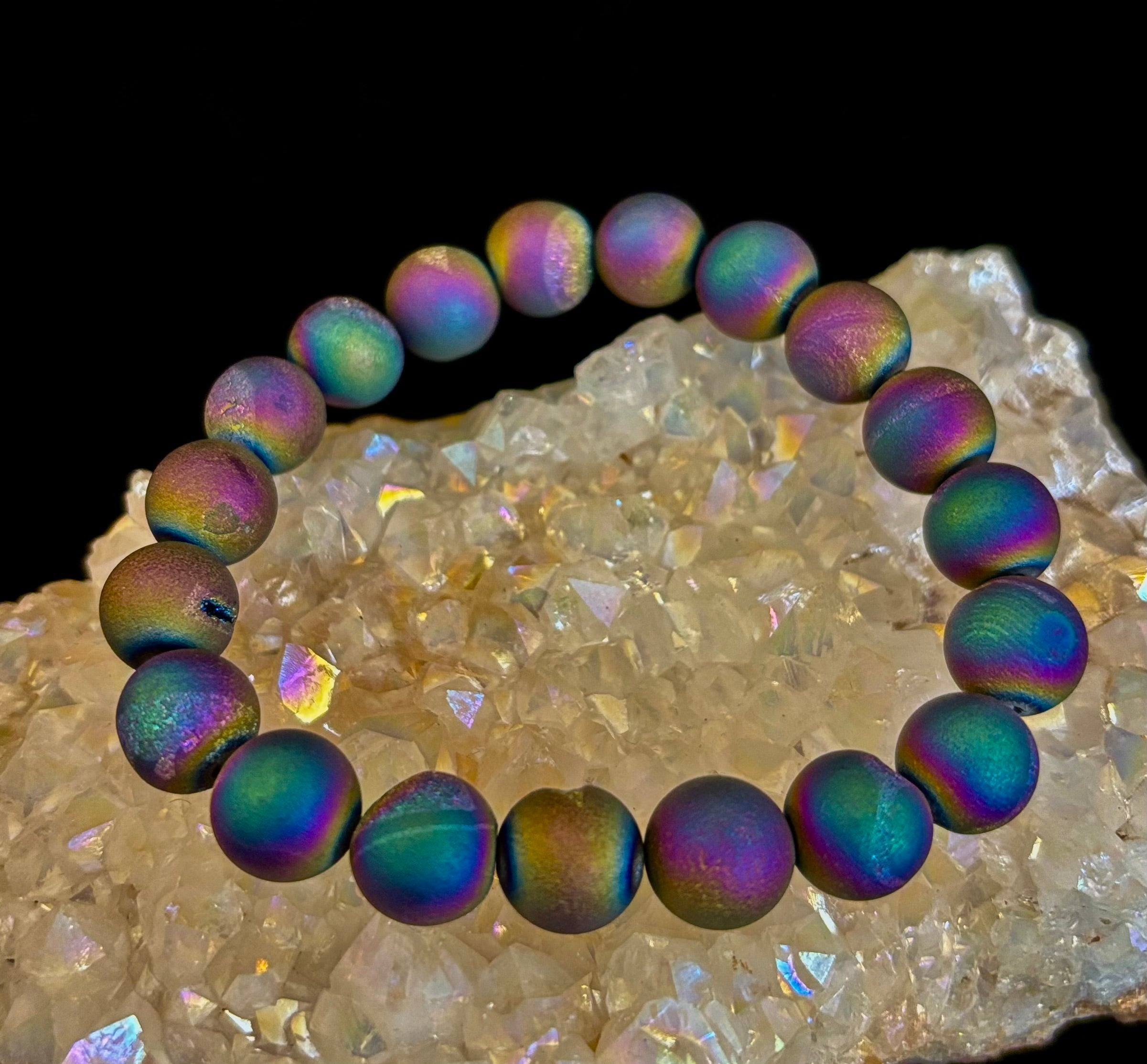 Peacock Rainbow Druzy Agate Bracelet – Titanium Coated 10mm Beads | Stretch Fit | Iridescent Statement Jewelry | | Wiccan Center