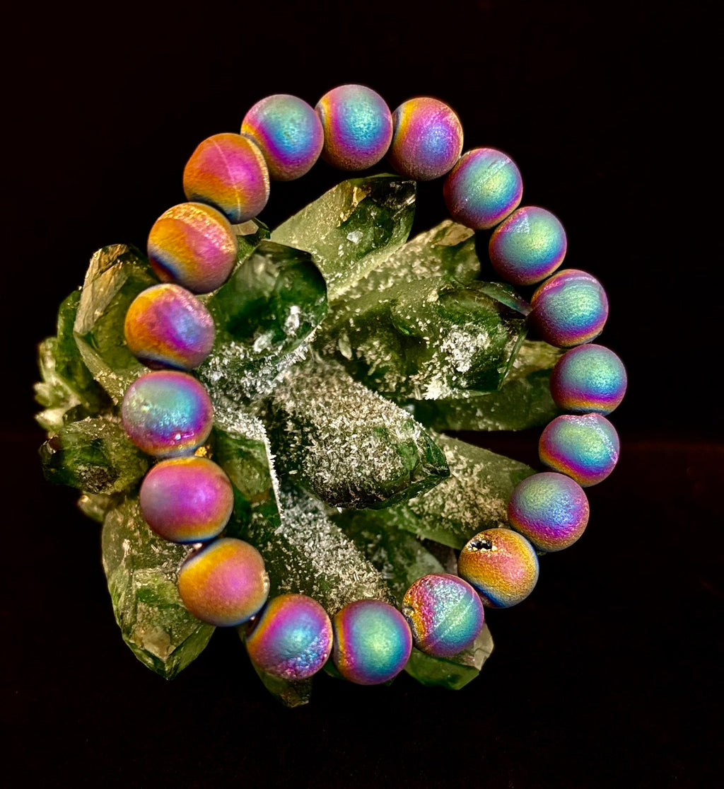 Peacock Rainbow Druzy Agate Bracelet – Titanium Coated 10mm Beads | Stretch Fit | Iridescent Statement Jewelry | | Wiccan Center