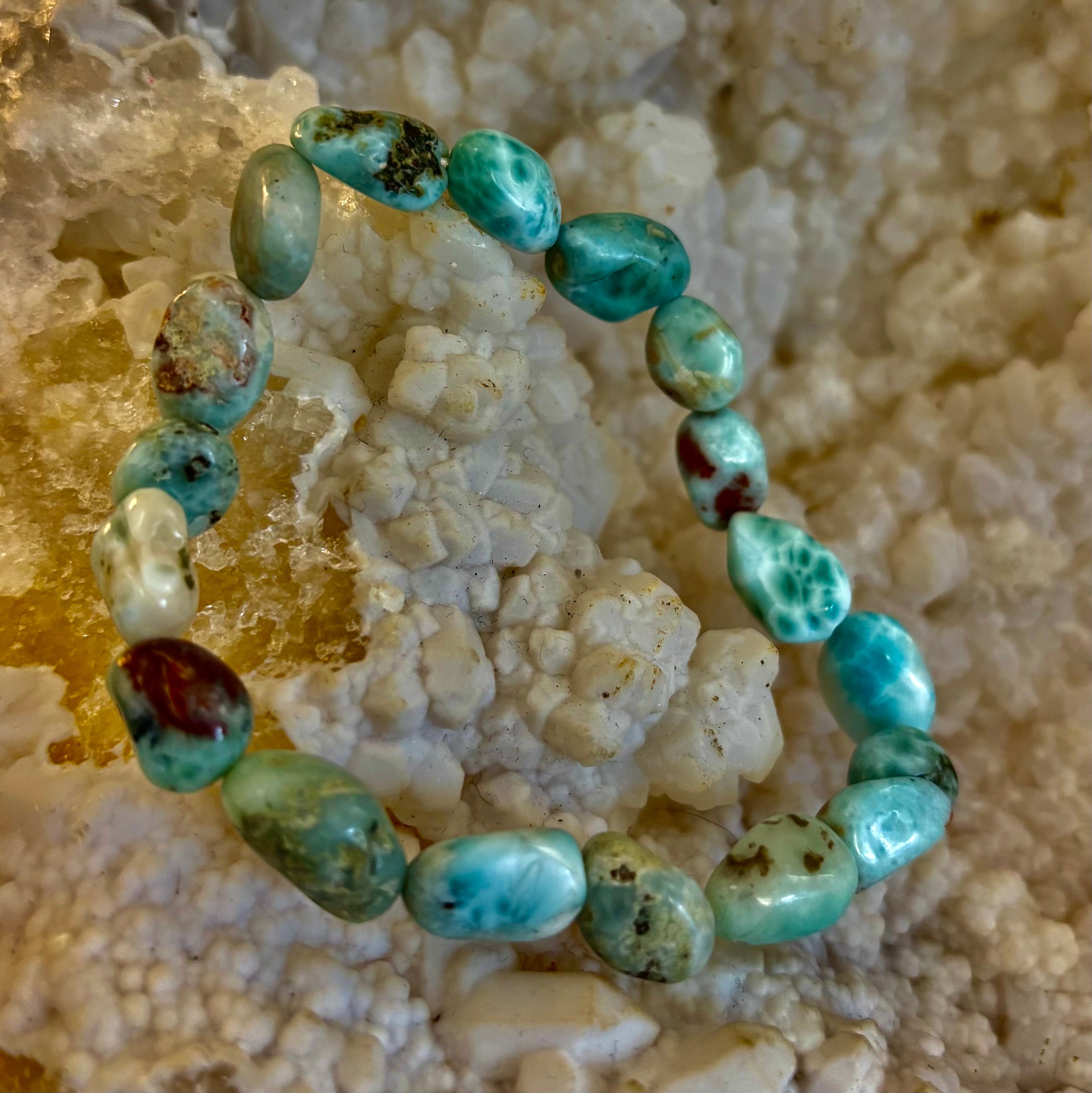 Larimar Nugget Stretch Bracelet – Small Wrist Fit | Natural Larimar Stone Bracelet | Ocean Energy Healing Jewelry | | Wiccan Center