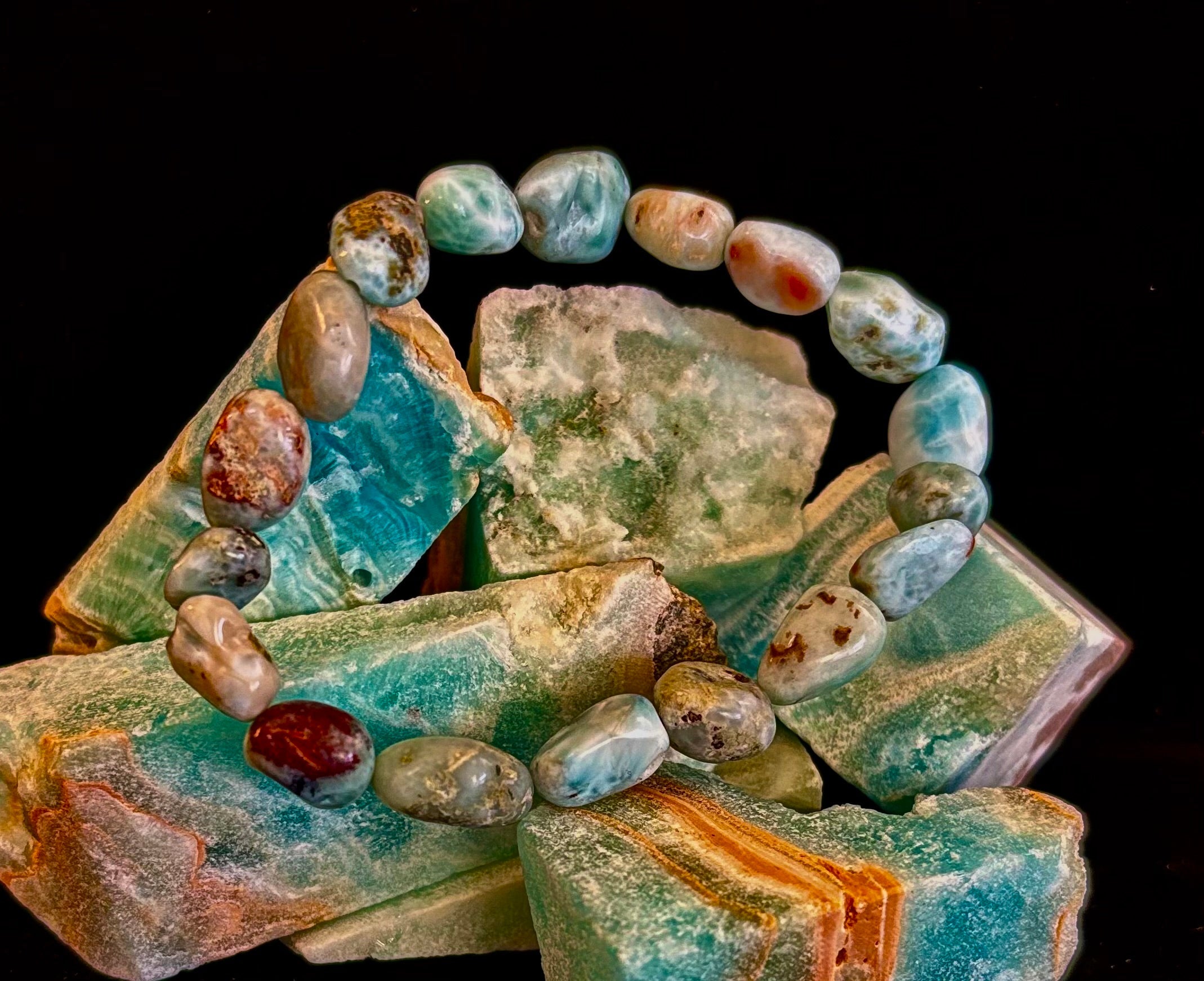 Larimar Nugget Stretch Bracelet – Small Wrist Fit | Natural Larimar Stone Bracelet | Ocean Energy Healing Jewelry | | Wiccan Center