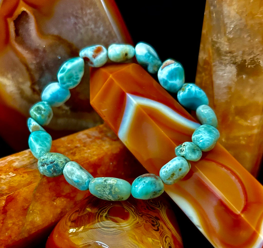 Larimar Nugget Stretch Bracelet – Small Wrist Fit | Natural Larimar Stone Bracelet | Ocean Energy Healing Jewelry | | Wiccan Center